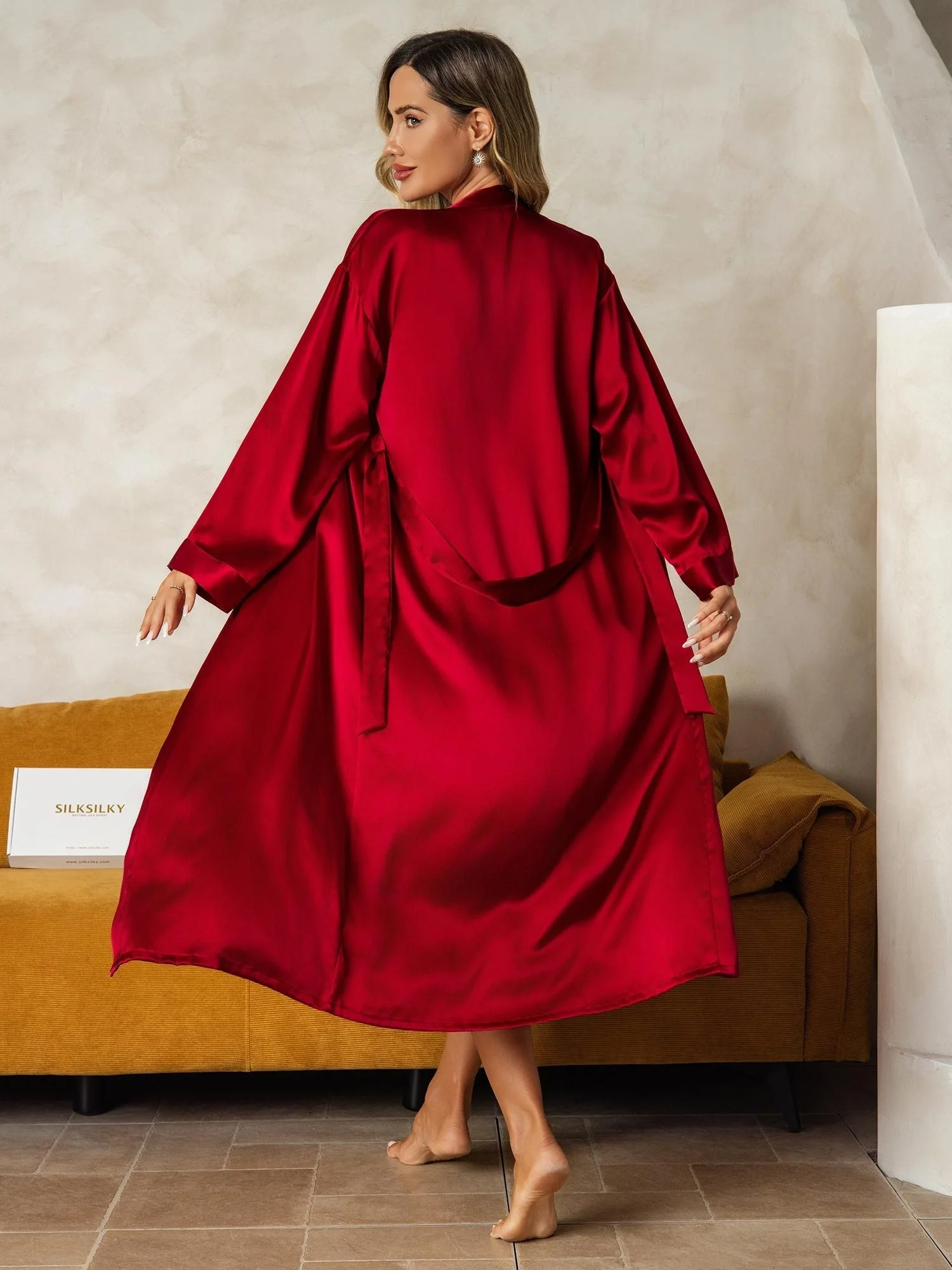 Pure Silk V-Neck Midi Nightgown & Dressing Gown Set 2Pcs - Image 3