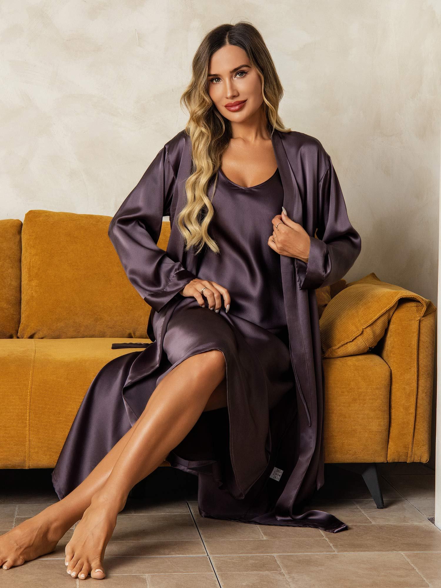 Pure Silk V-Neck Midi Nightgown & Dressing Gown Set 2Pcs - Image 32