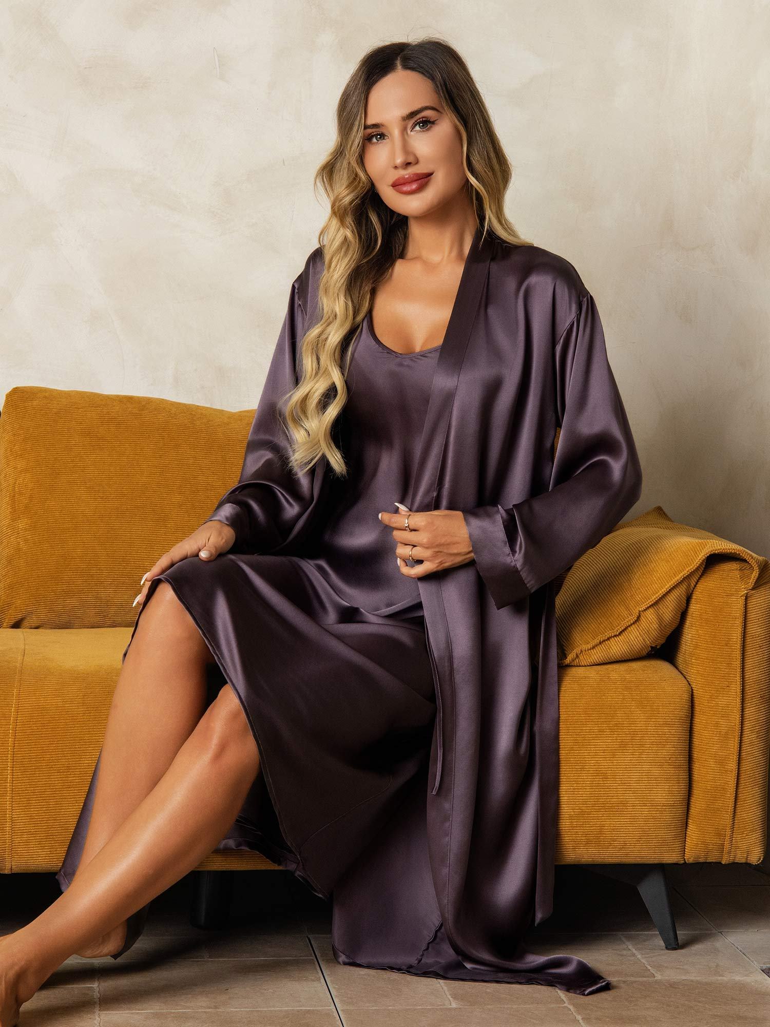 Pure Silk V-Neck Midi Nightgown & Dressing Gown Set 2Pcs - Image 33