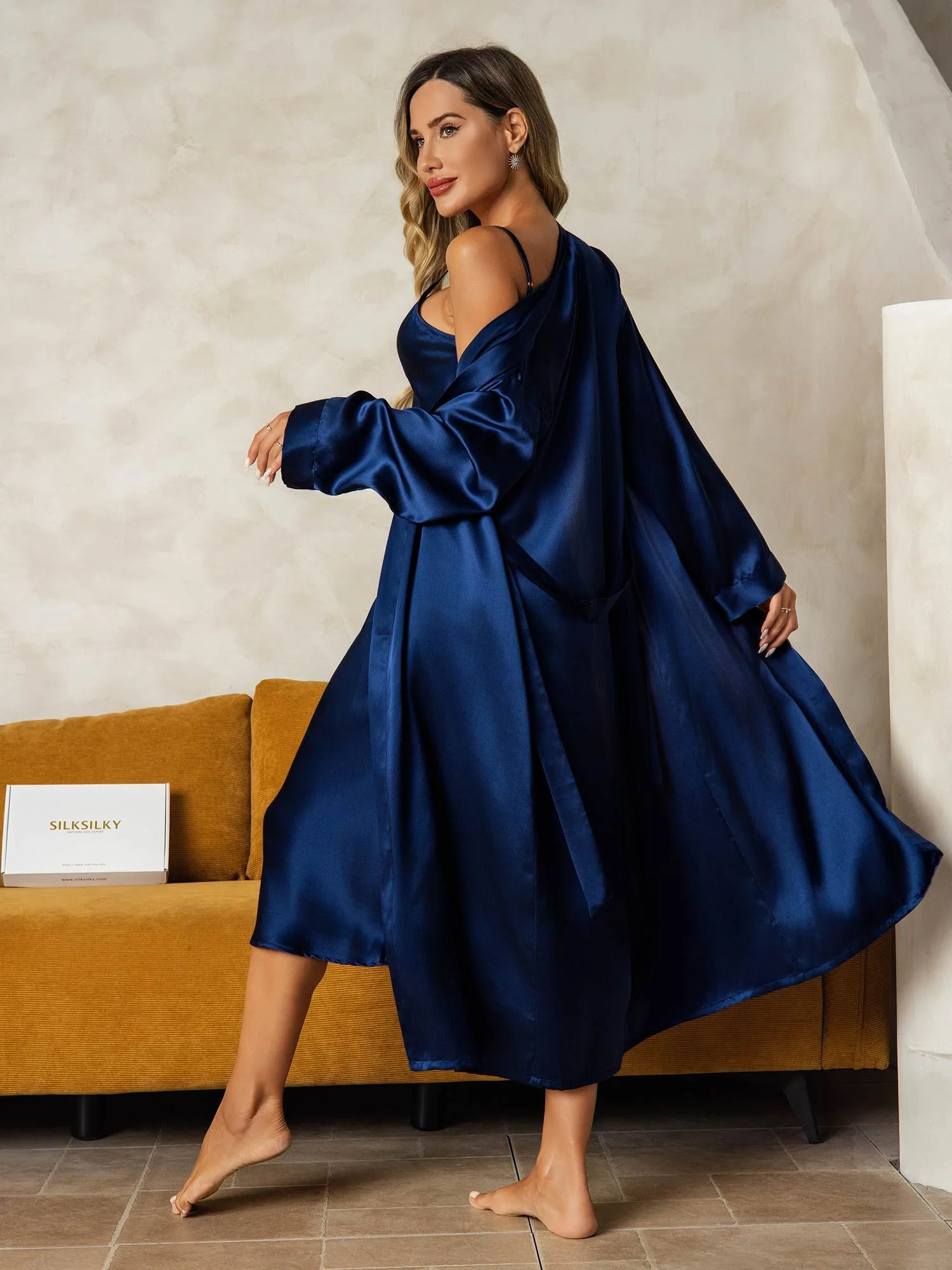 Pure Silk V-Neck Midi Nightgown & Dressing Gown Set 2Pcs - Image 36