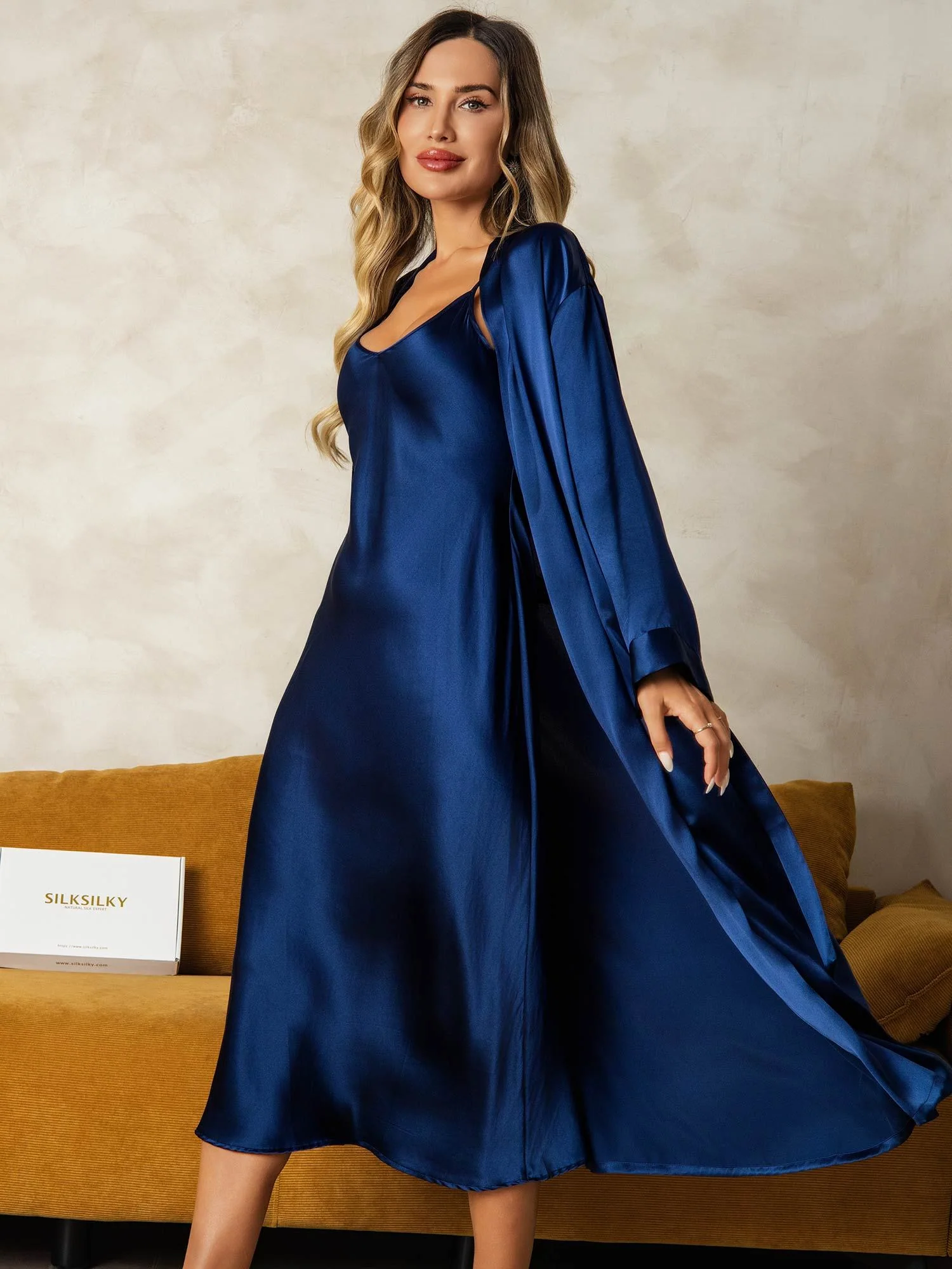 Pure Silk V-Neck Midi Nightgown & Dressing Gown Set 2Pcs - Image 38