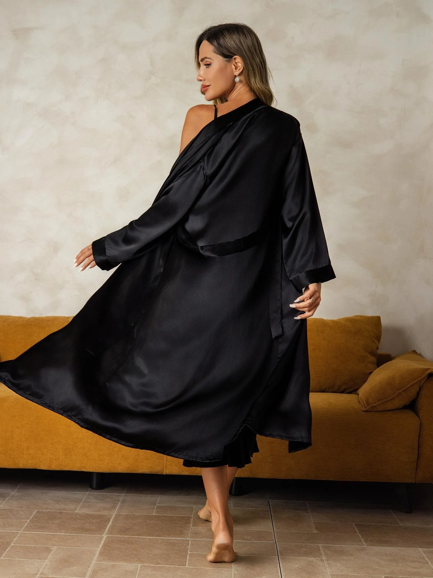 Pure Silk V-Neck Midi Nightgown & Dressing Gown Set 2Pcs - Image 45