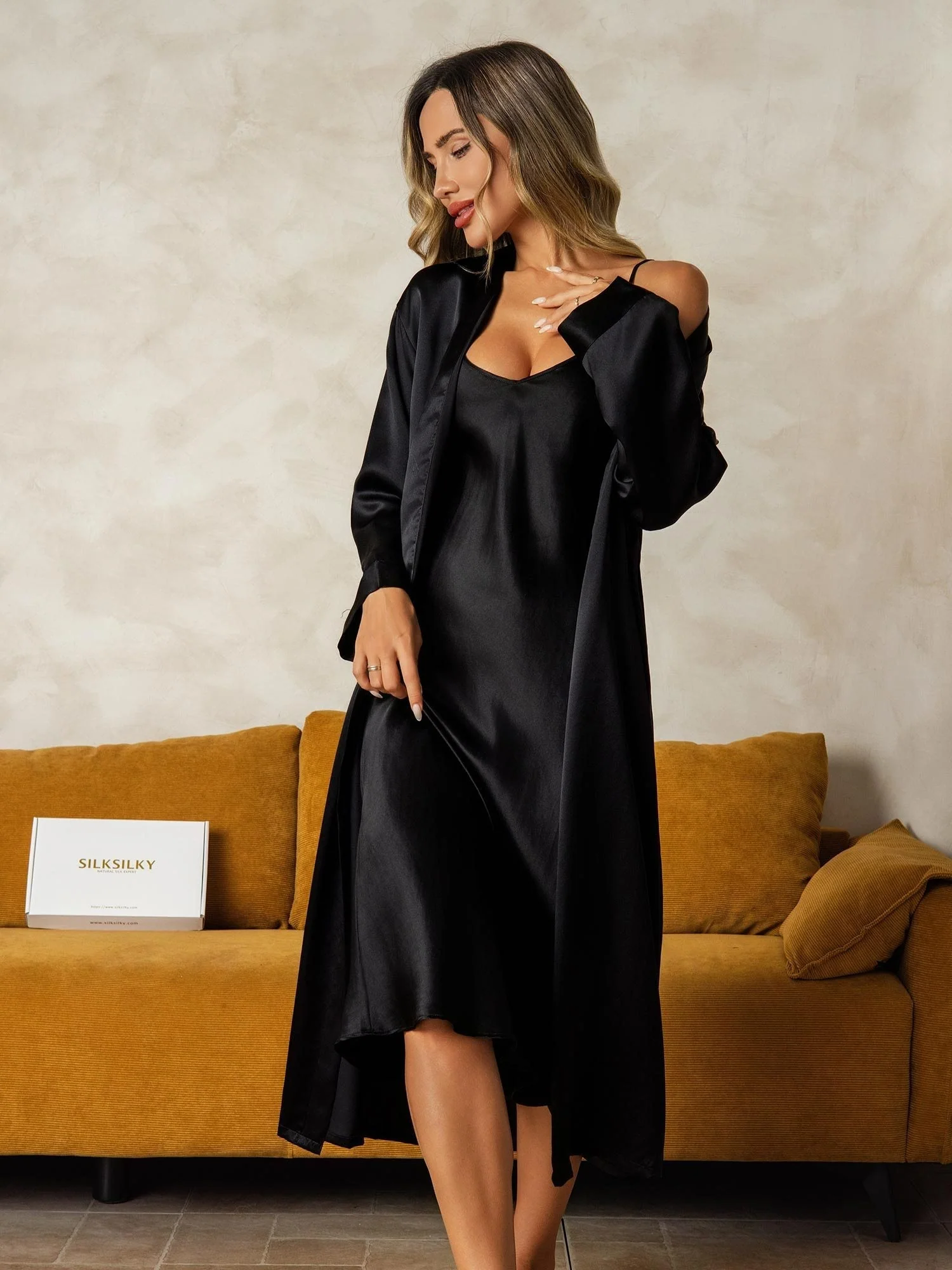 Pure Silk V-Neck Midi Nightgown & Dressing Gown Set 2Pcs - Image 46