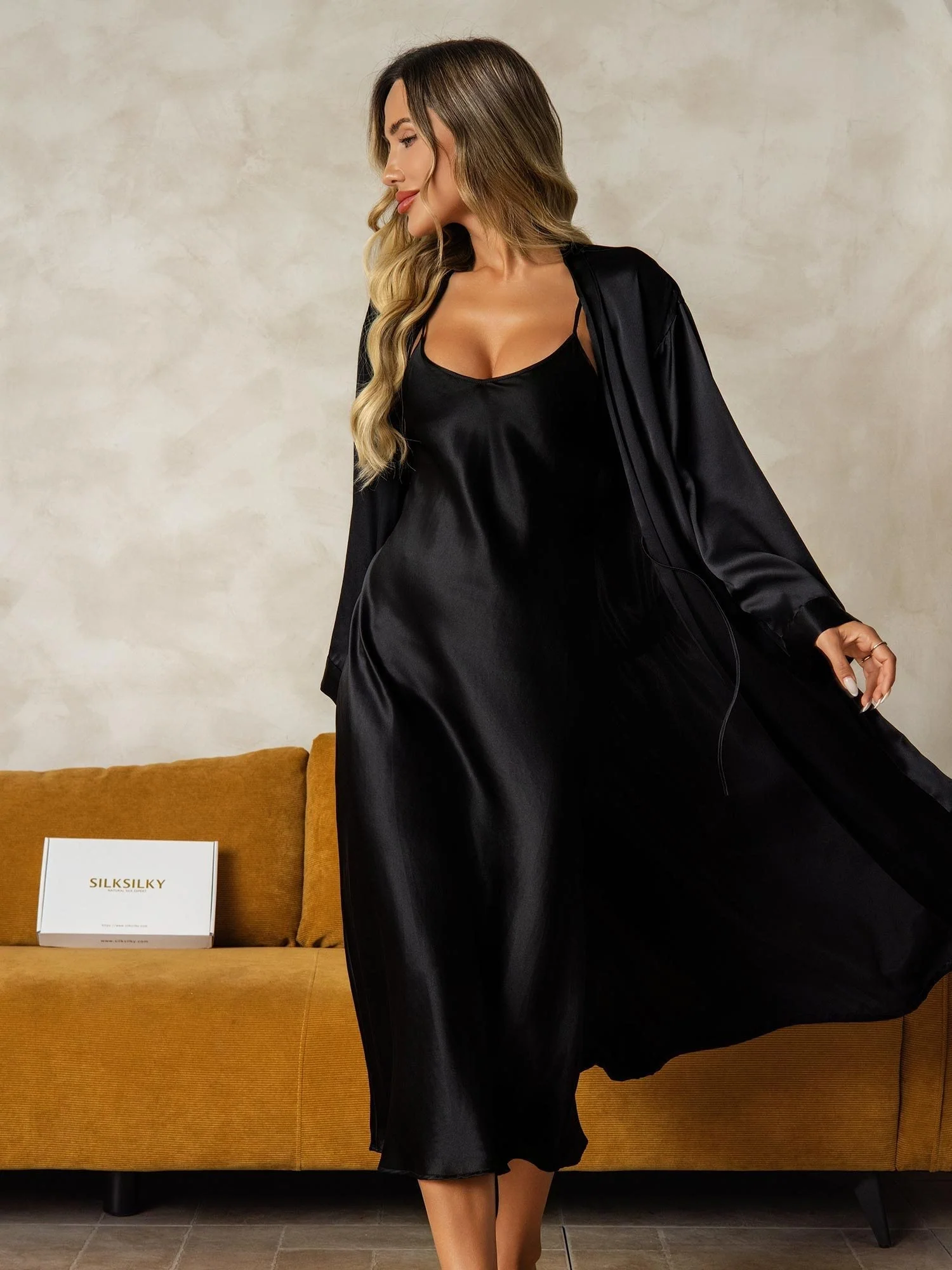 Pure Silk V-Neck Midi Nightgown & Dressing Gown Set 2Pcs - Image 48