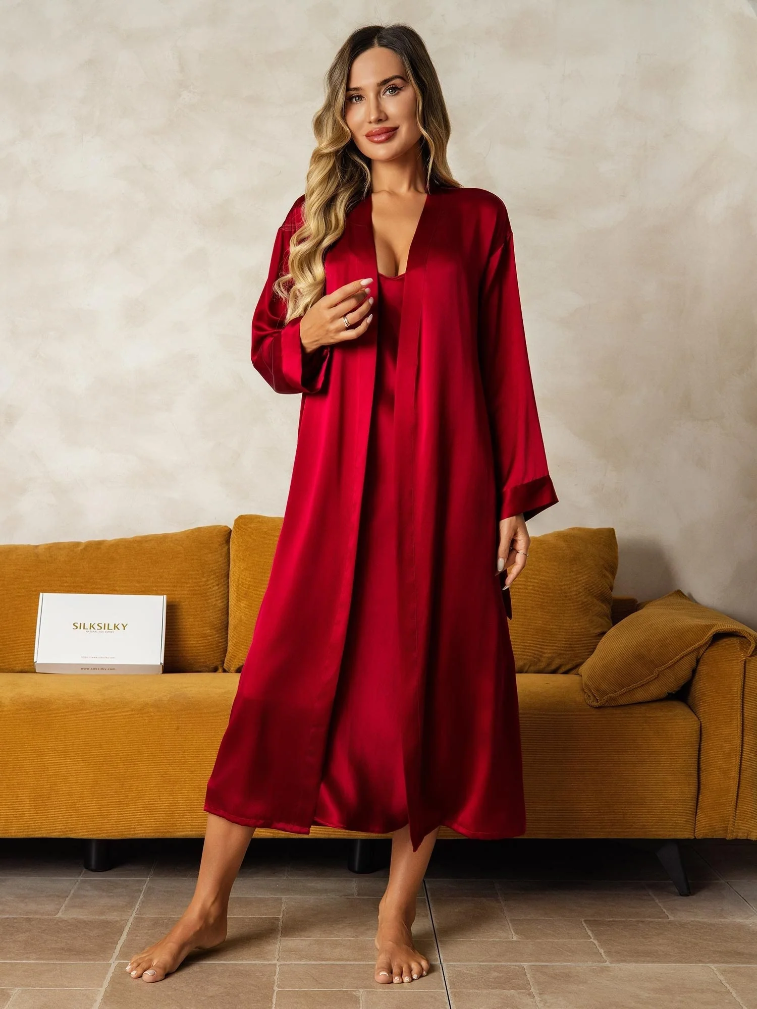 Pure Silk V-Neck Midi Nightgown & Dressing Gown Set 2Pcs - Image 6