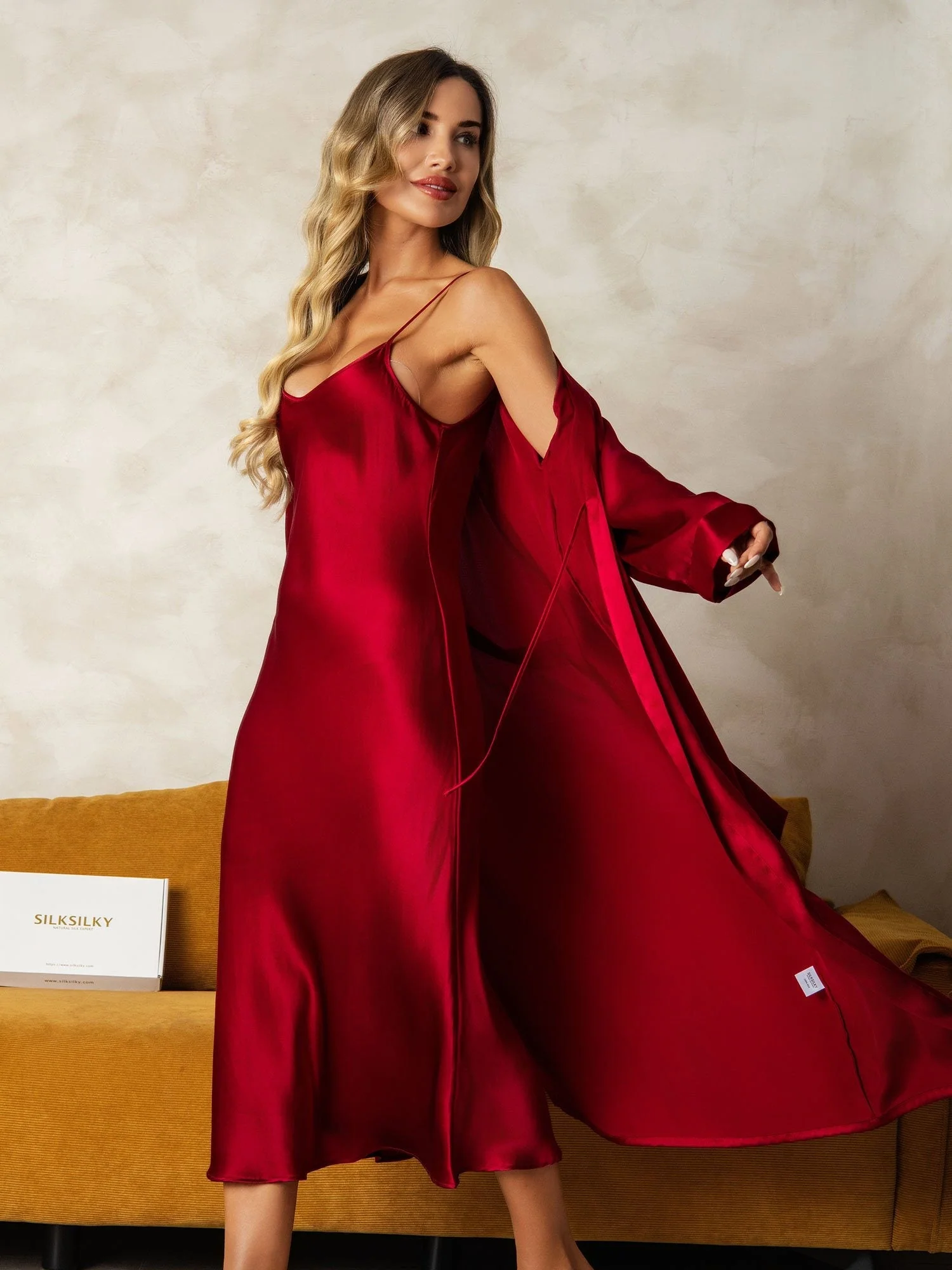 Pure Silk V-Neck Midi Nightgown & Dressing Gown Set 2Pcs - Image 7