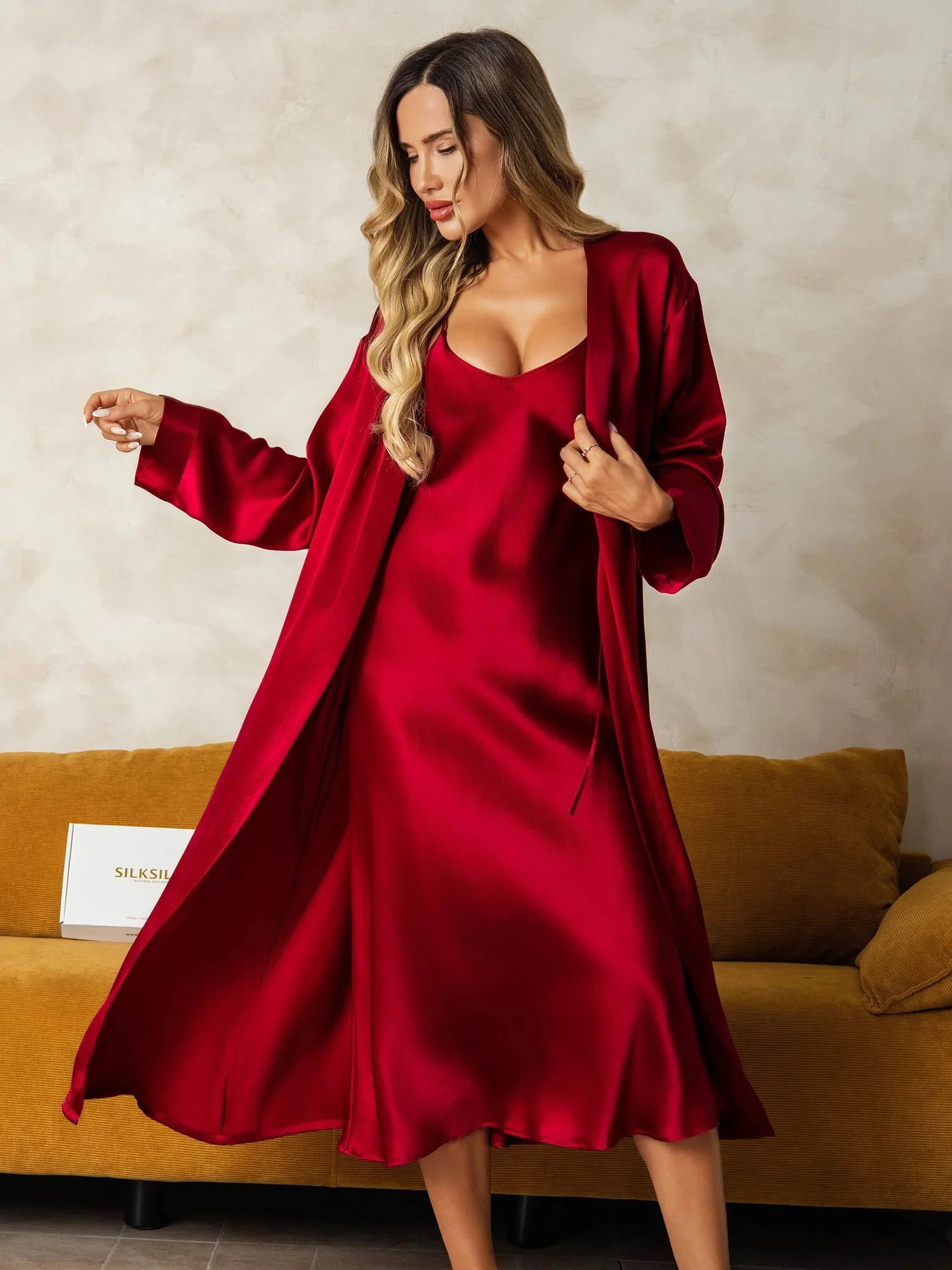 Pure Silk V-Neck Midi Nightgown & Dressing Gown Set 2Pcs - Image 9