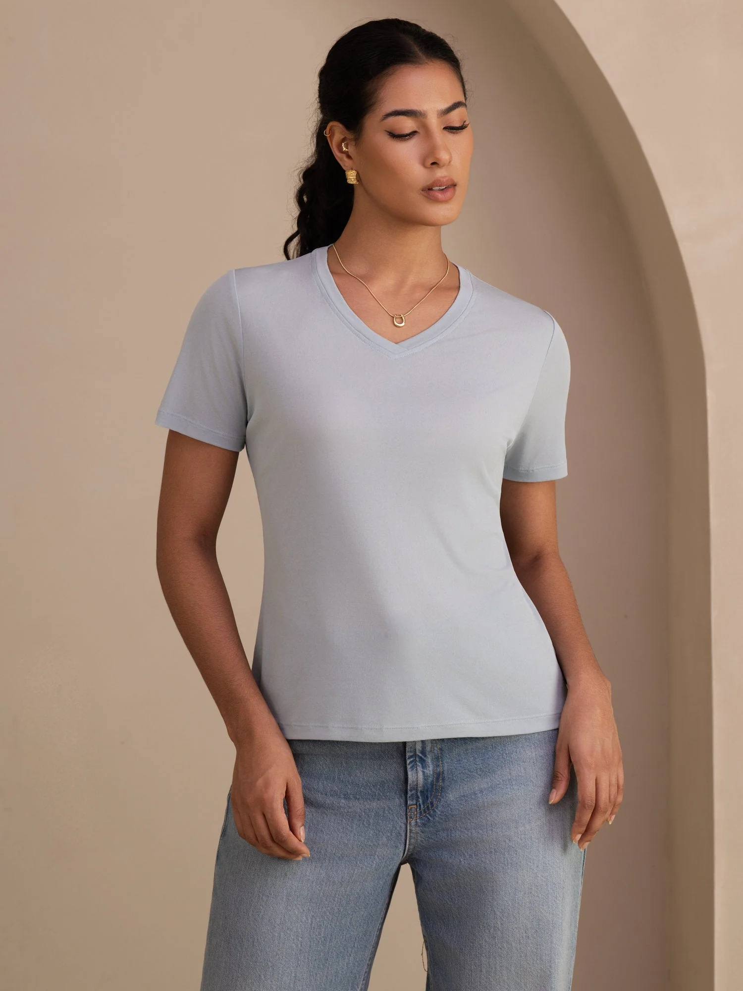 Pure Silk V Neck Short-Sleeve Snag-Resistant Women's T-Shirt - Image 10