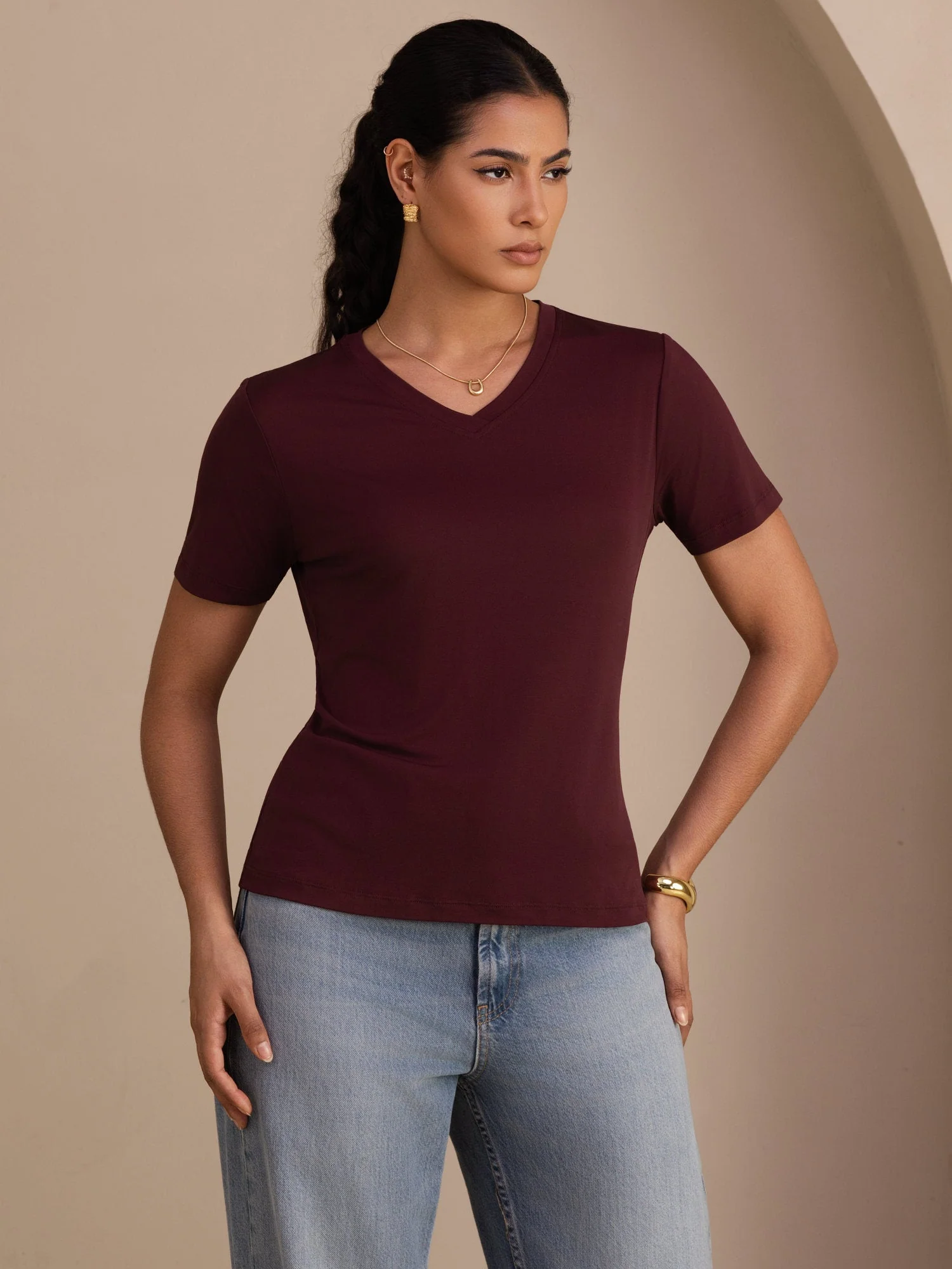 Pure Silk V Neck Short-Sleeve Snag-Resistant Women's T-Shirt - Image 17
