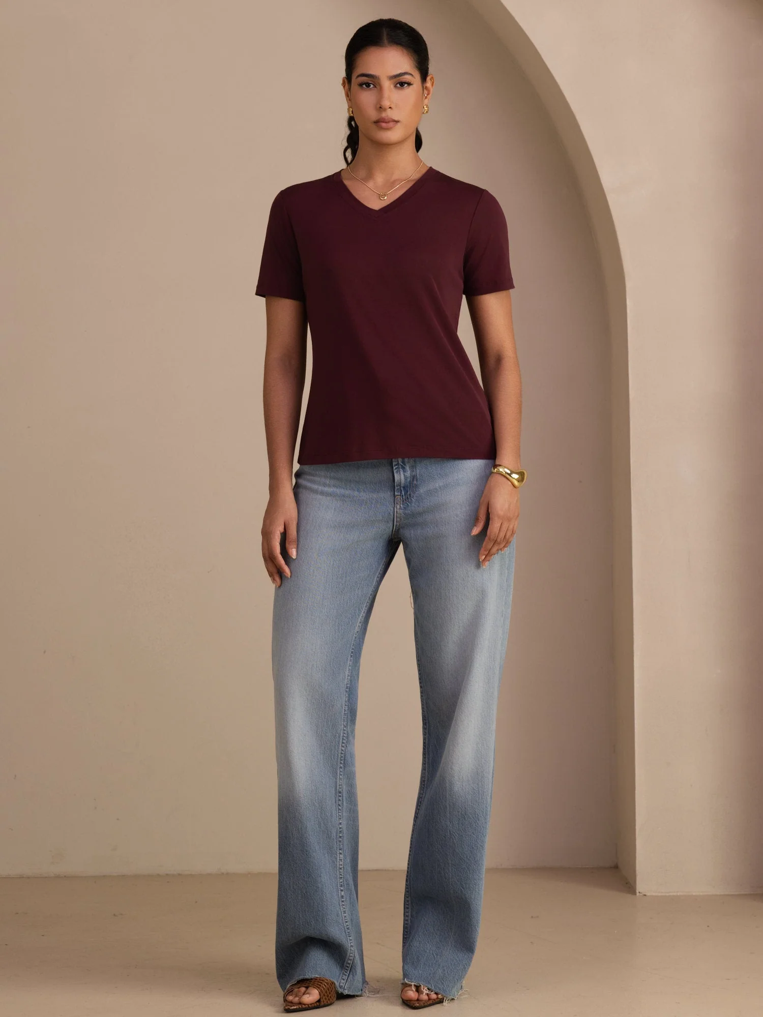 Pure Silk V Neck Short-Sleeve Snag-Resistant Women's T-Shirt - Image 21