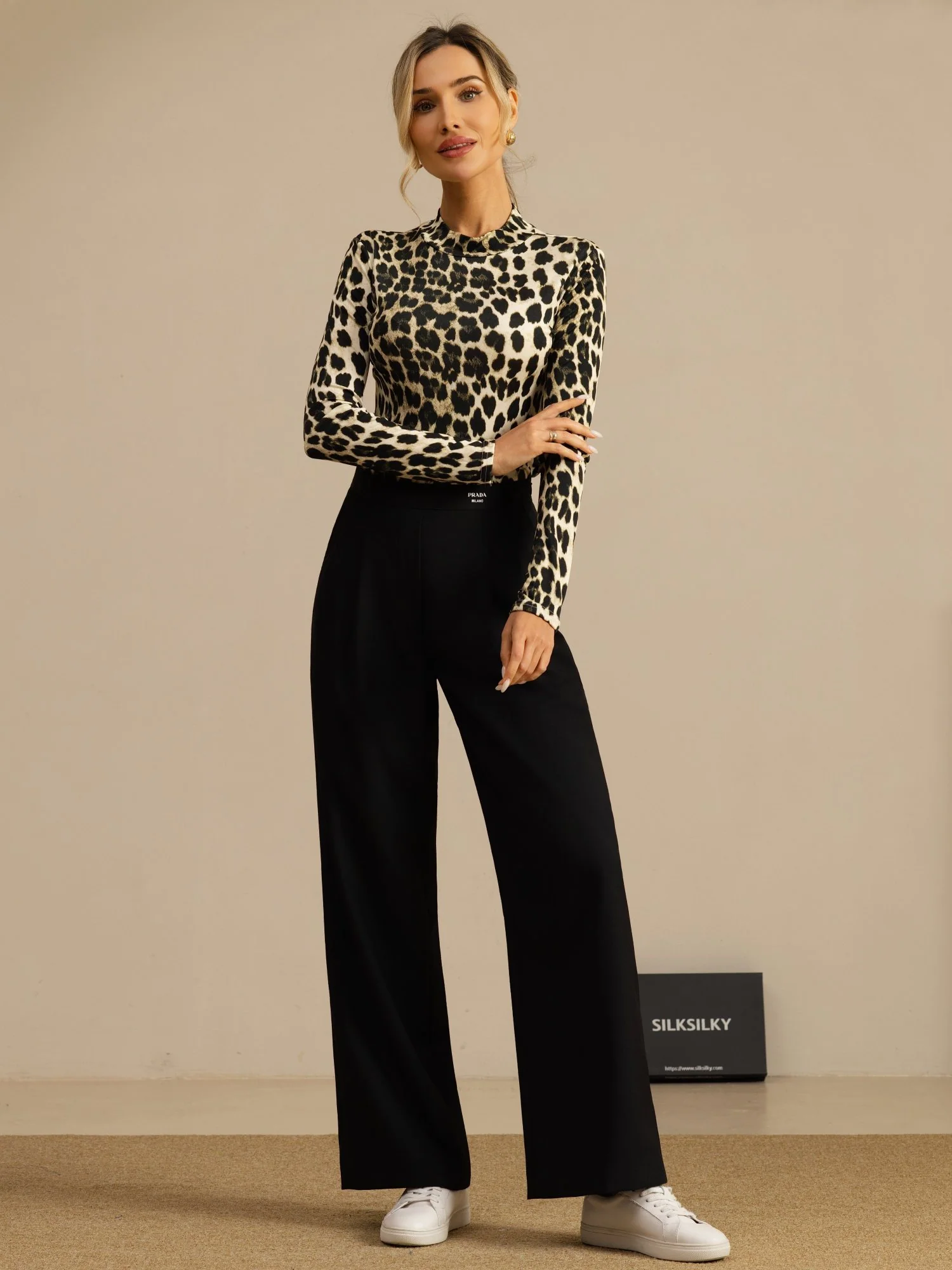 Pure Silk Wild Animal Print Women's Long Sleeve Mock Neck Top - Image 24