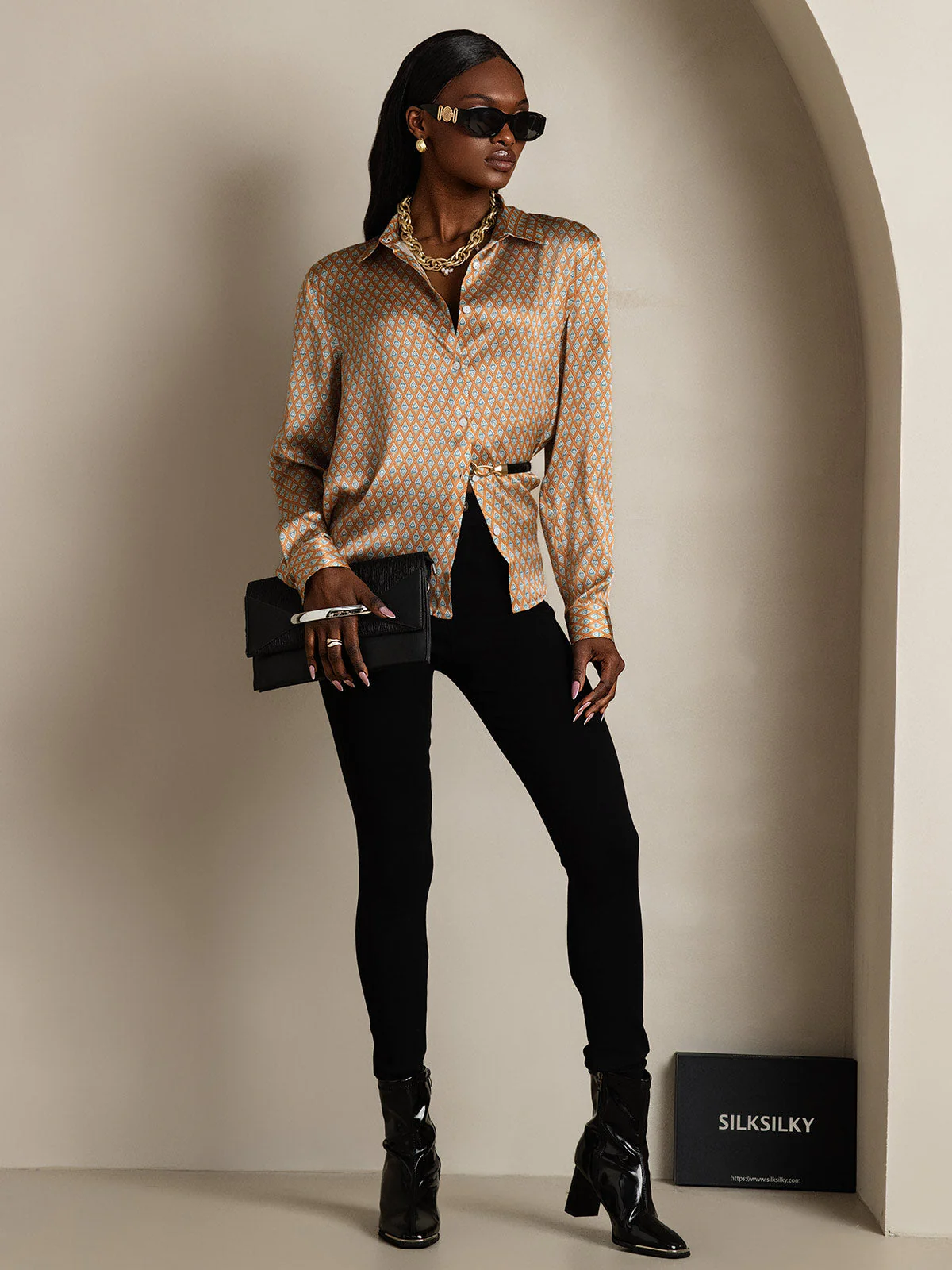 19Momme Silk Long Sleeve Lapel Collar Women's Shirt with Button Up Design - Image 100
