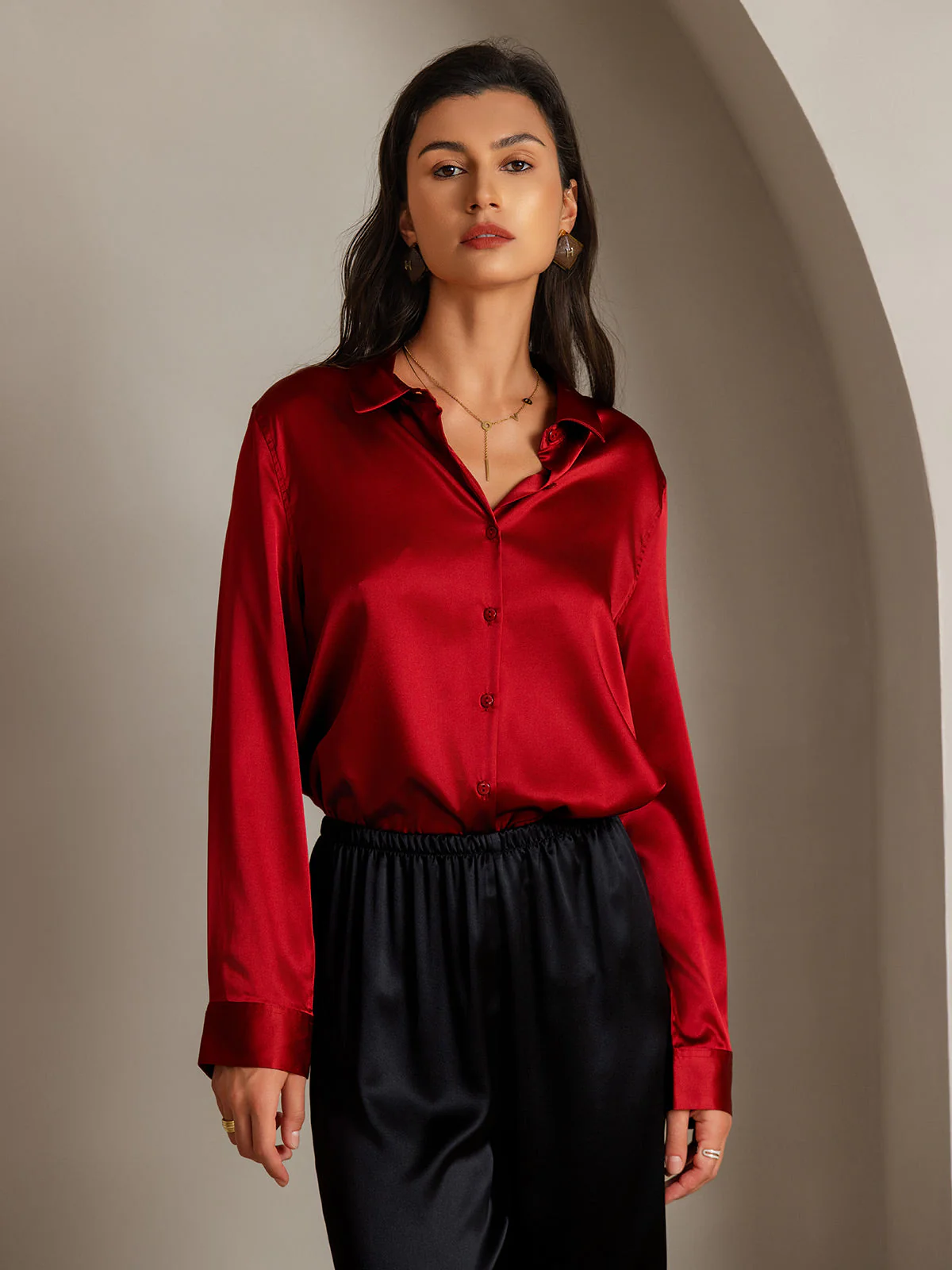 19Momme Silk Long Sleeve Lapel Collar Women's Shirt with Button Up Design - Image 102