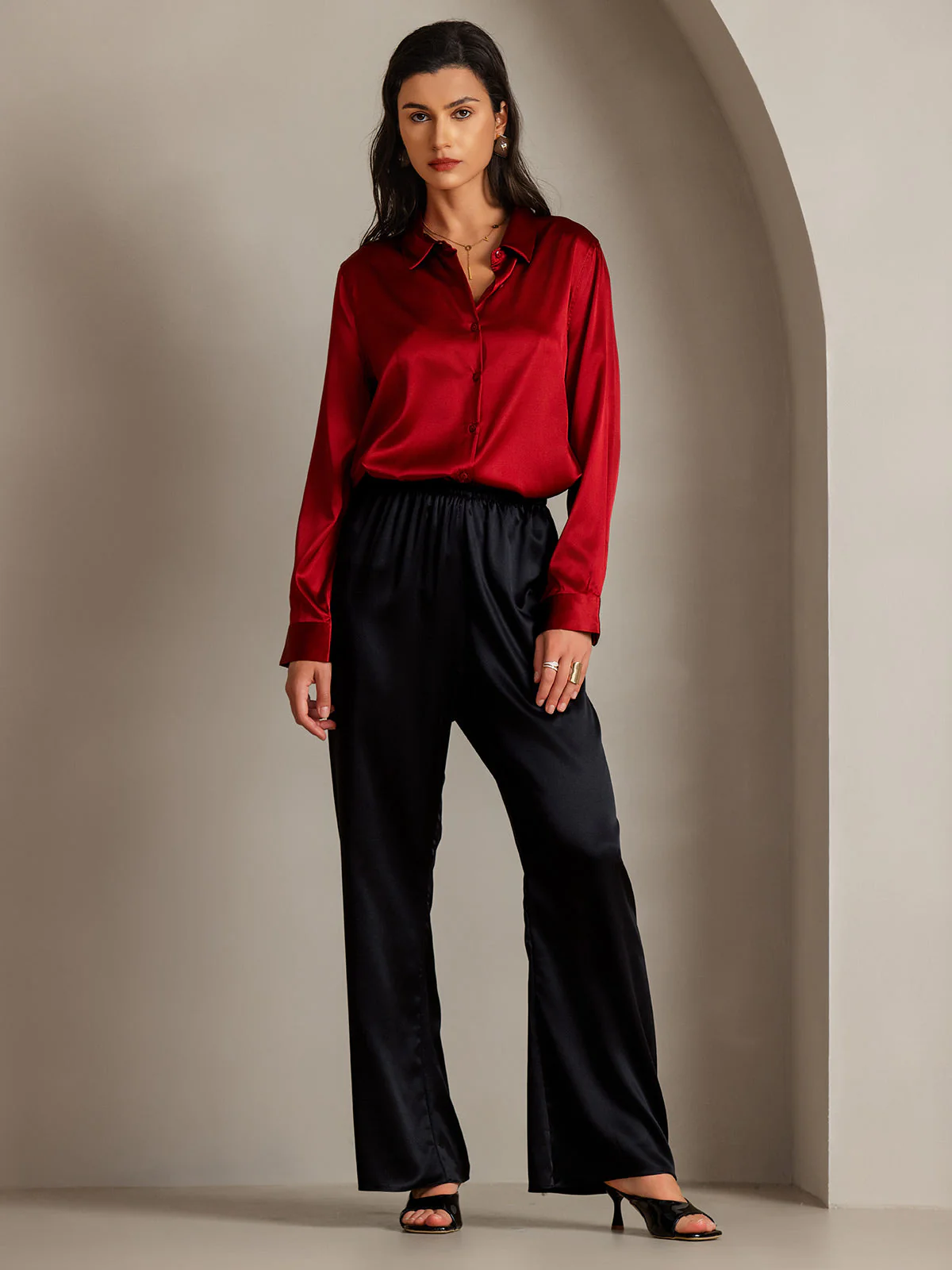 19Momme Silk Long Sleeve Lapel Collar Women's Shirt with Button Up Design - Image 104