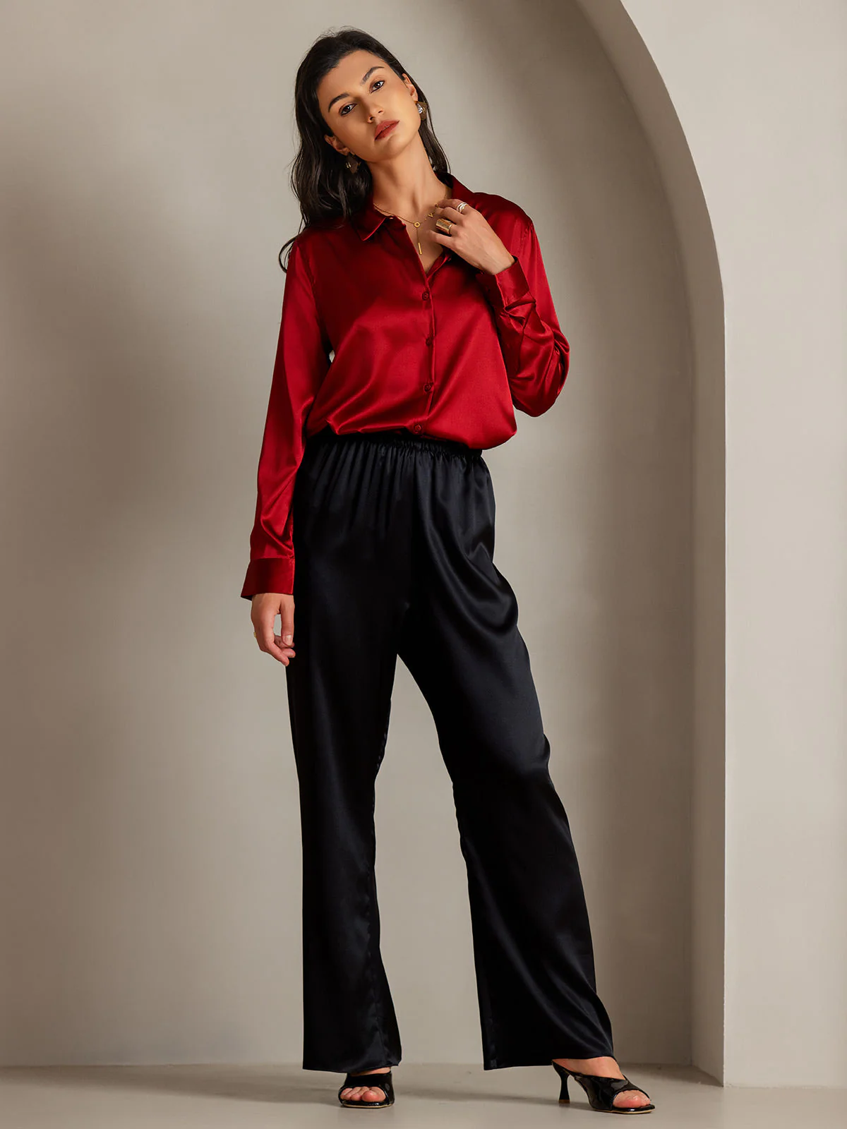 19Momme Silk Long Sleeve Lapel Collar Women's Shirt with Button Up Design - Image 106