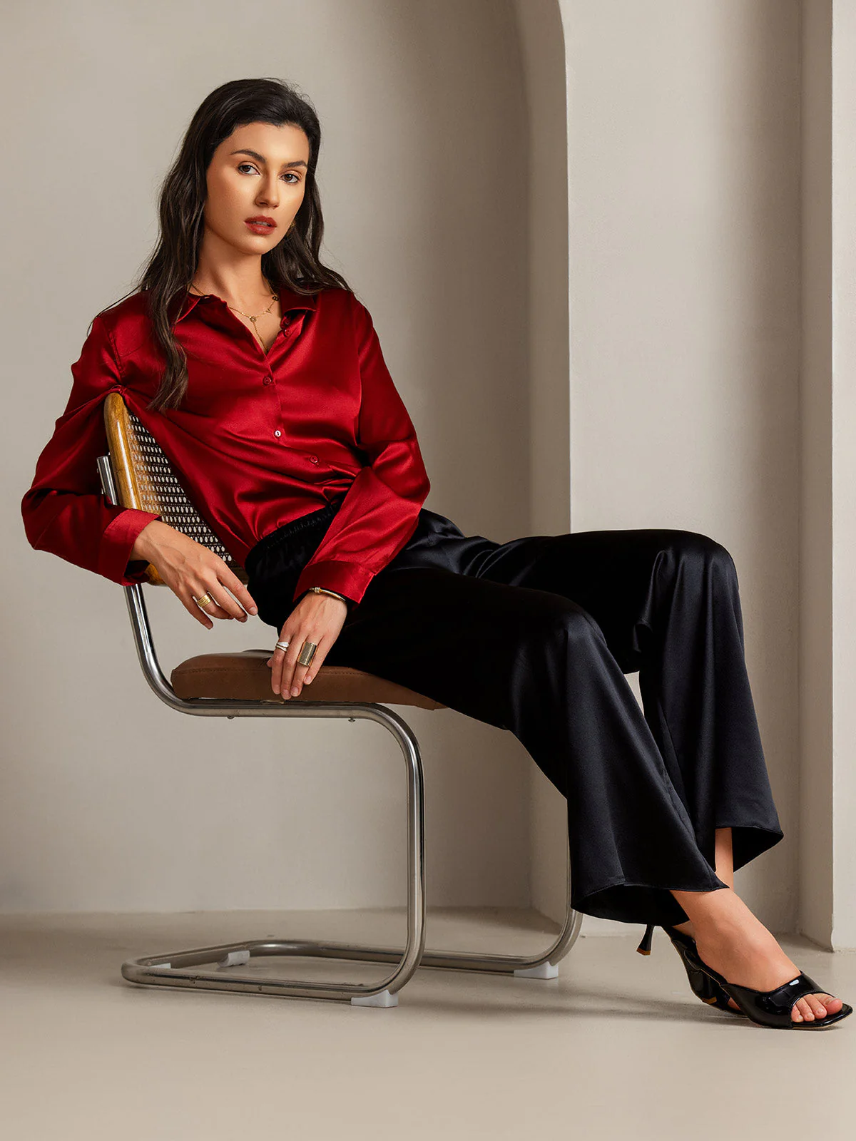 19Momme Silk Long Sleeve Lapel Collar Women's Shirt with Button Up Design - Image 107