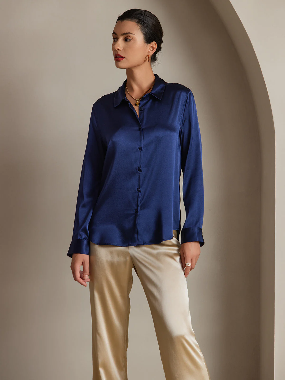 19Momme Silk Long Sleeve Lapel Collar Women's Shirt with Button Up Design - Image 108
