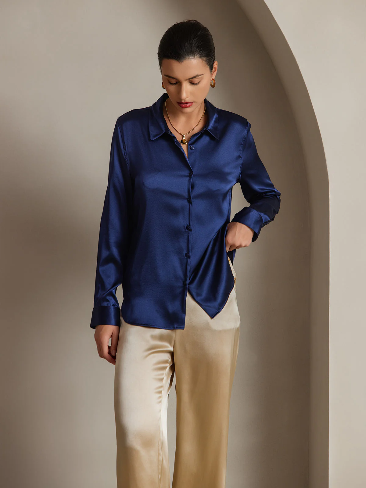19Momme Silk Long Sleeve Lapel Collar Women's Shirt with Button Up Design - Image 110