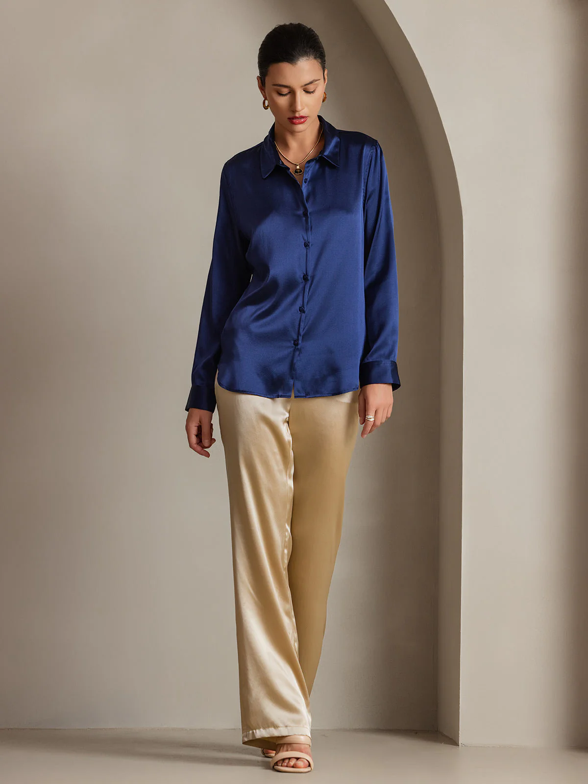 19Momme Silk Long Sleeve Lapel Collar Women's Shirt with Button Up Design - Image 112