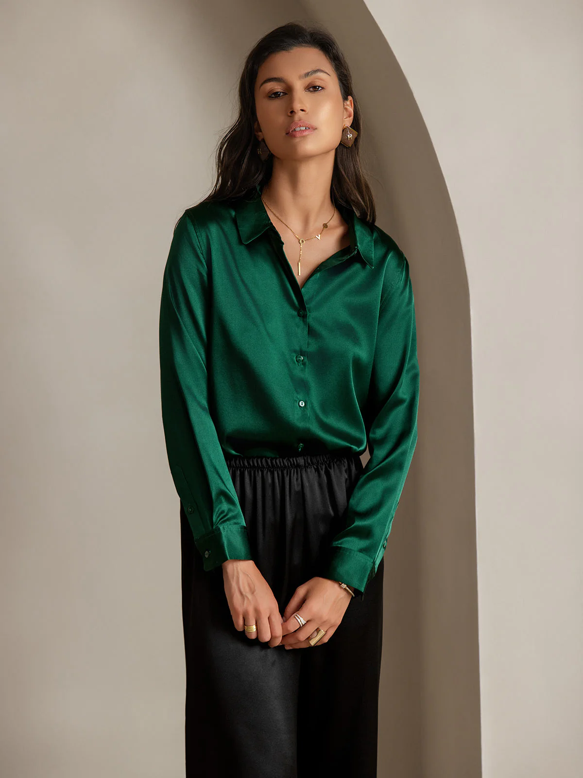 19Momme Silk Long Sleeve Lapel Collar Women's Shirt with Button Up Design - Image 113