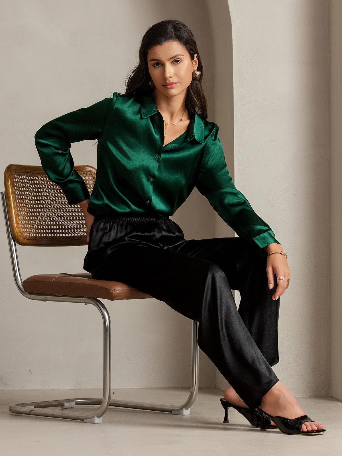19Momme Silk Long Sleeve Lapel Collar Women's Shirt with Button Up Design - Image 115