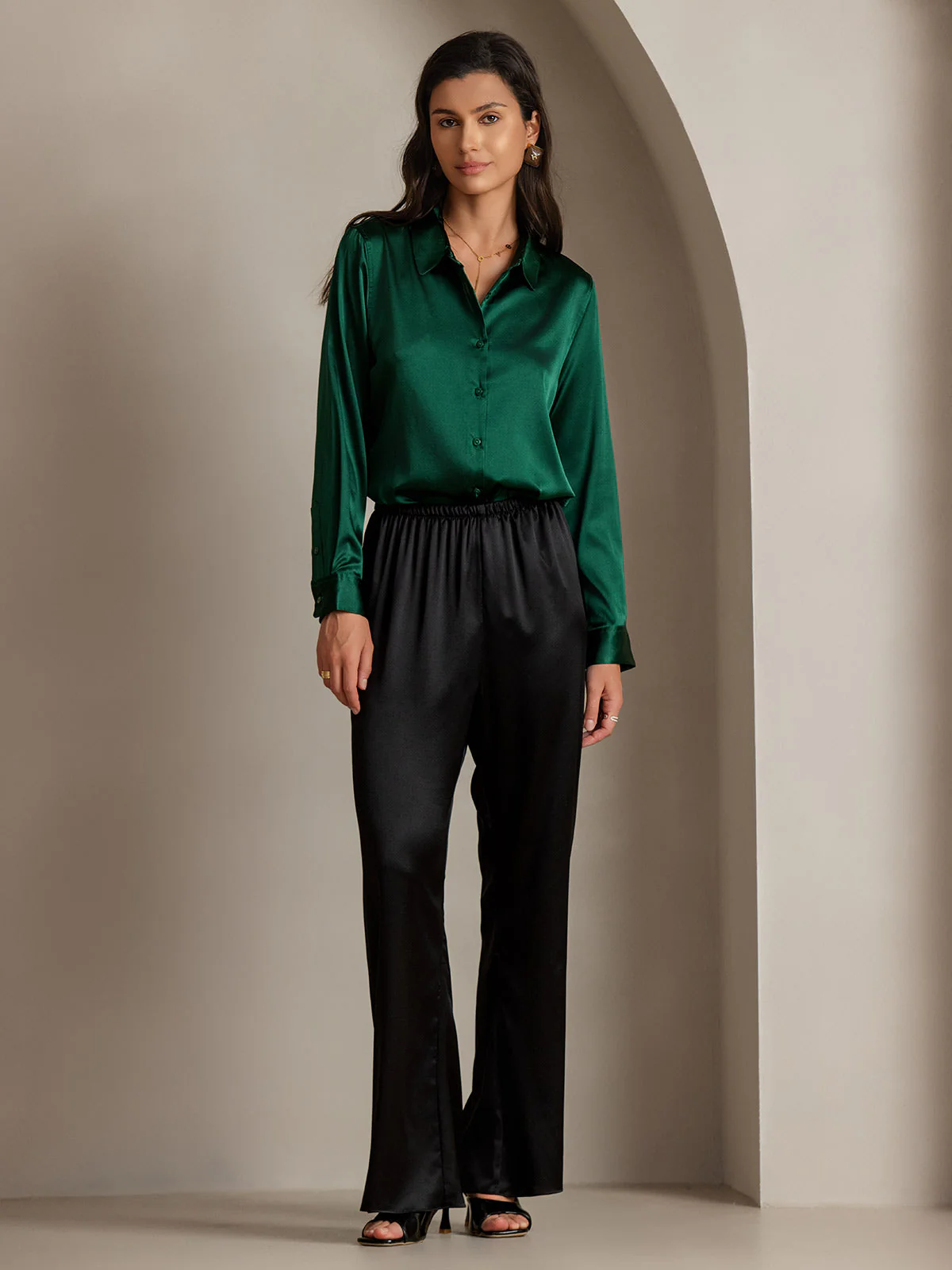19Momme Silk Long Sleeve Lapel Collar Women's Shirt with Button Up Design - Image 116