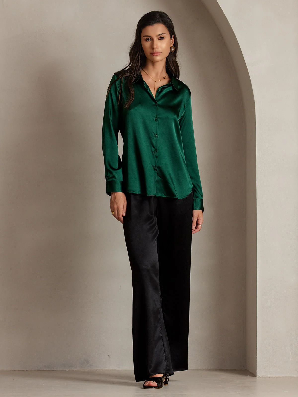 19Momme Silk Long Sleeve Lapel Collar Women's Shirt with Button Up Design - Image 117