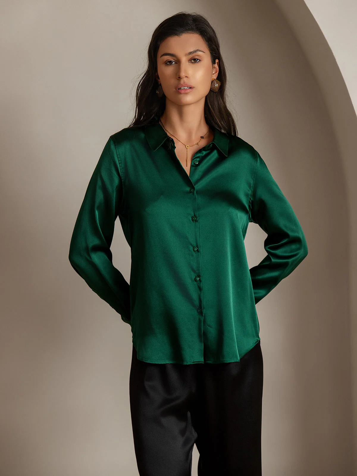 19Momme Silk Long Sleeve Lapel Collar Women's Shirt with Button Up Design - Image 118
