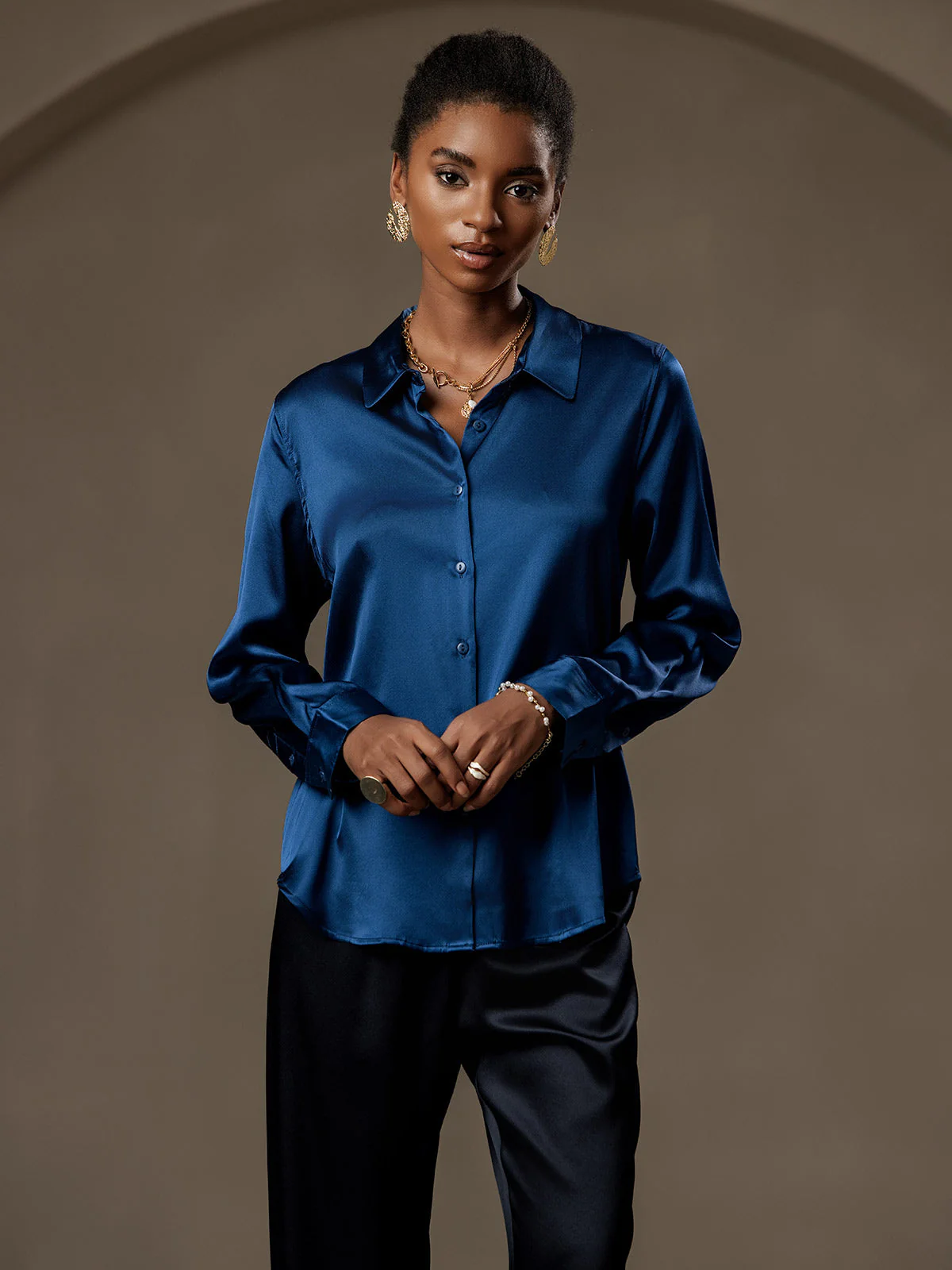 19Momme Silk Long Sleeve Lapel Collar Women's Shirt with Button Up Design - Image 121