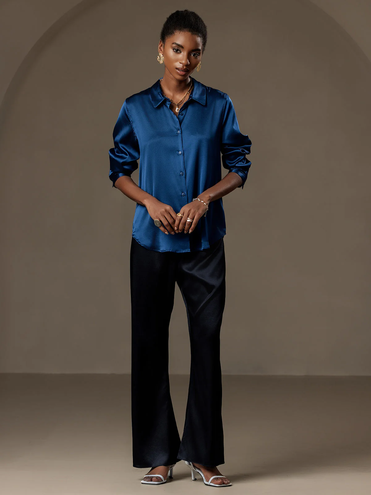 19Momme Silk Long Sleeve Lapel Collar Women's Shirt with Button Up Design - Image 123