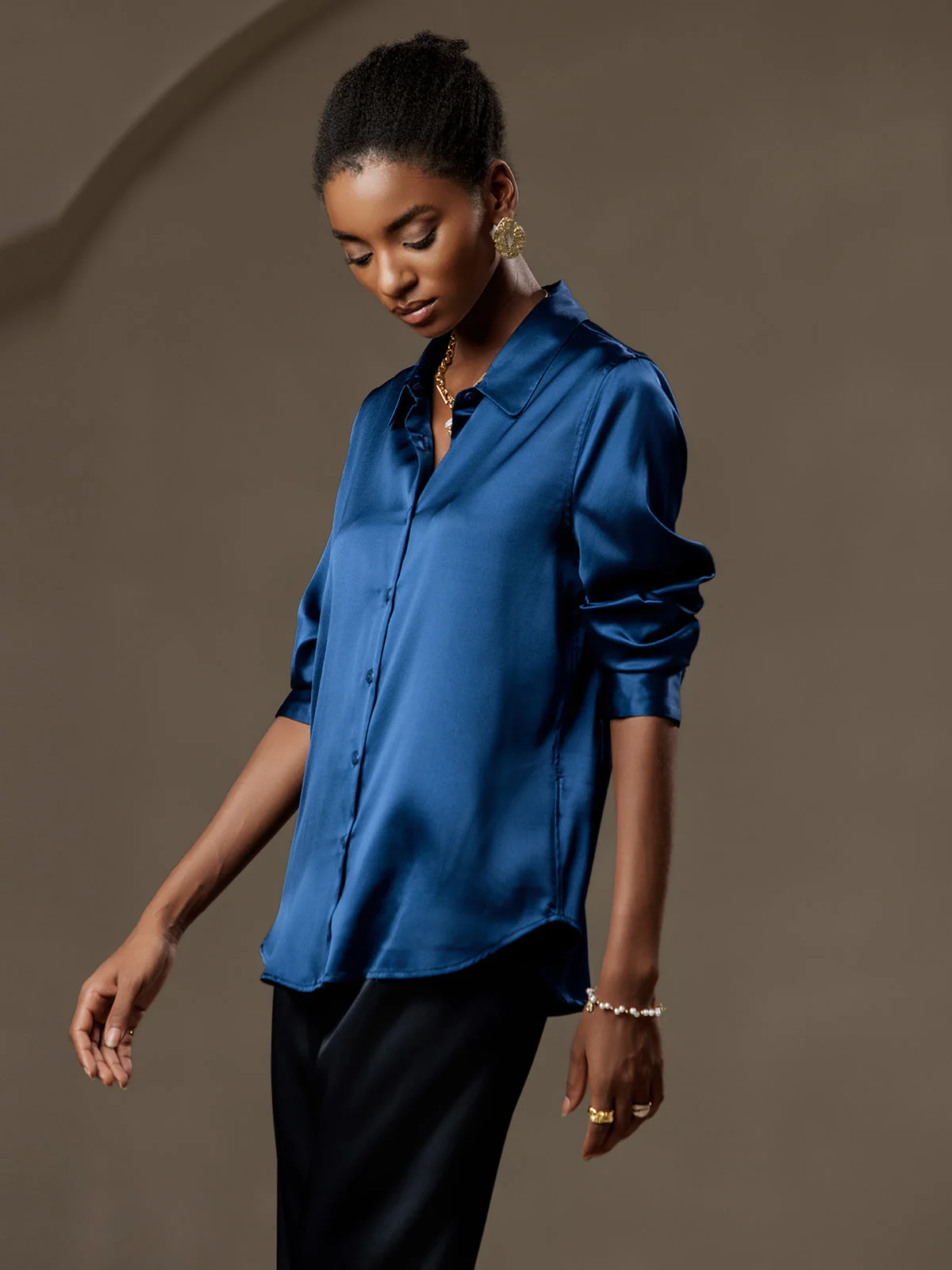 19Momme Silk Long Sleeve Lapel Collar Women's Shirt with Button Up Design - Image 124