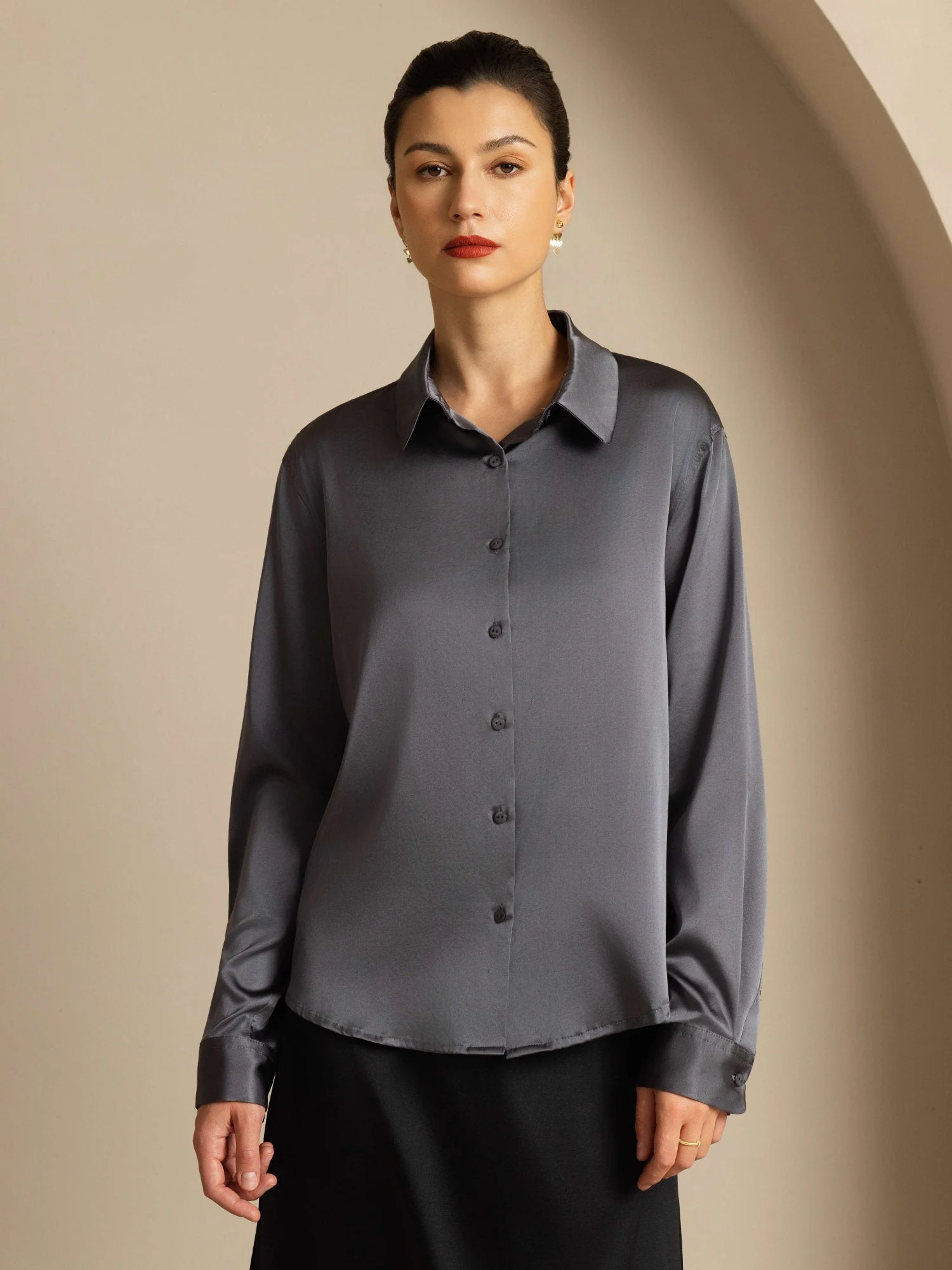 19Momme Silk Long Sleeve Lapel Collar Women's Shirt with Button Up Design - Image 142