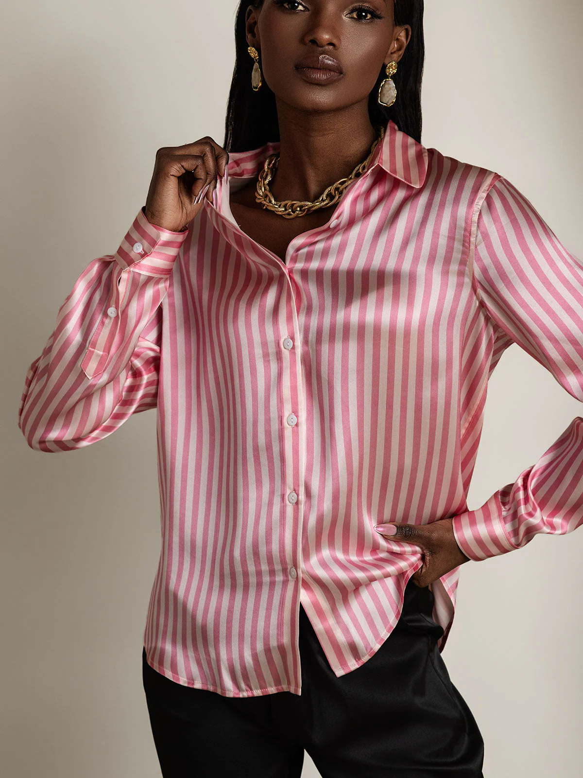 19Momme Silk Long Sleeve Lapel Collar Women's Shirt with Button Up Design - Image 25