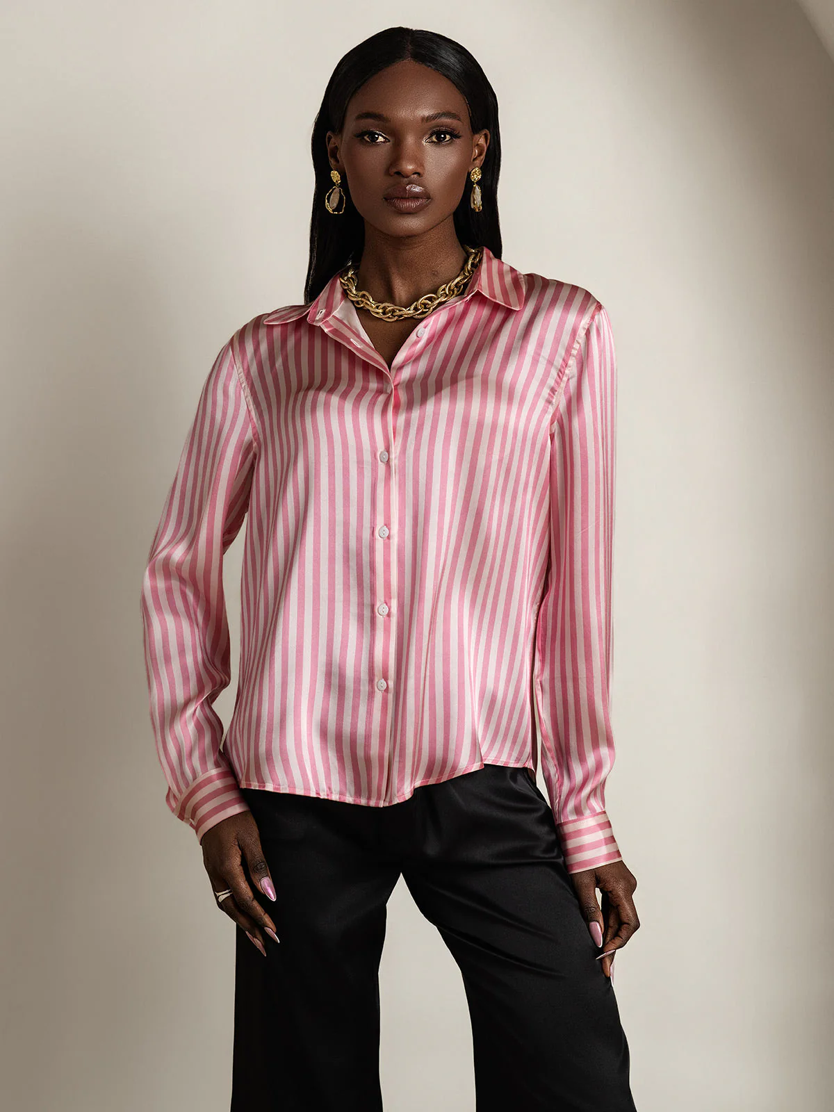 19Momme Silk Long Sleeve Lapel Collar Women's Shirt with Button Up Design - Image 26