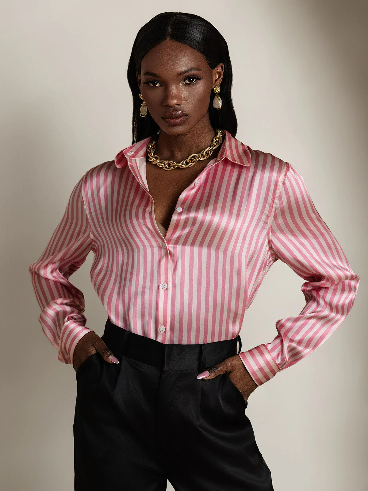 19Momme Silk Long Sleeve Lapel Collar Women's Shirt with Button Up Design - Image 27