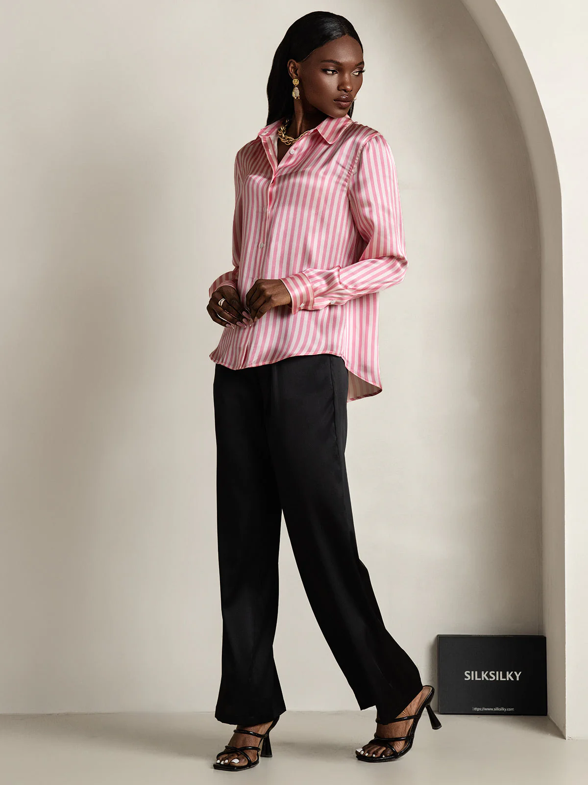 19Momme Silk Long Sleeve Lapel Collar Women's Shirt with Button Up Design - Image 29