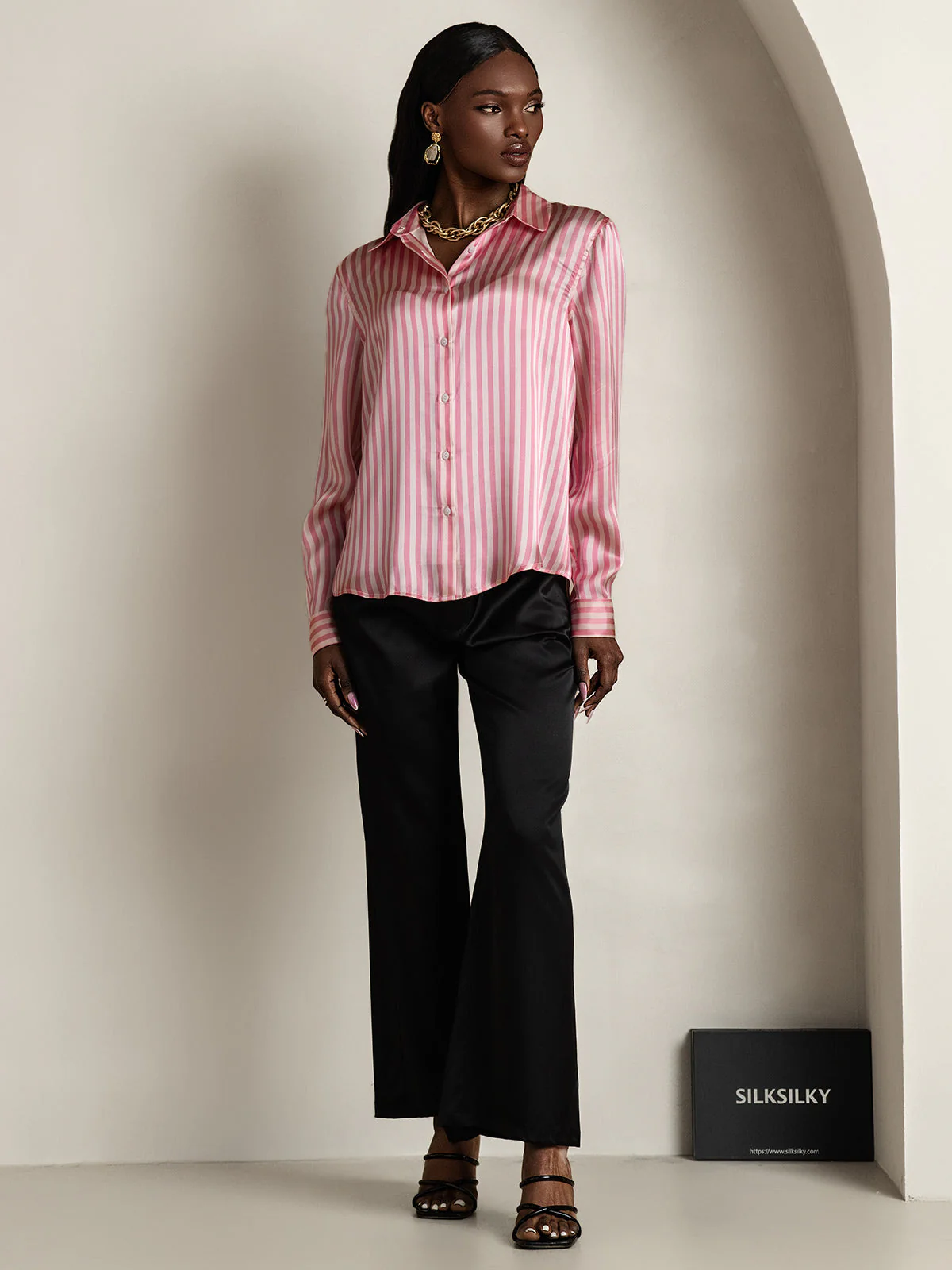 19Momme Silk Long Sleeve Lapel Collar Women's Shirt with Button Up Design - Image 30