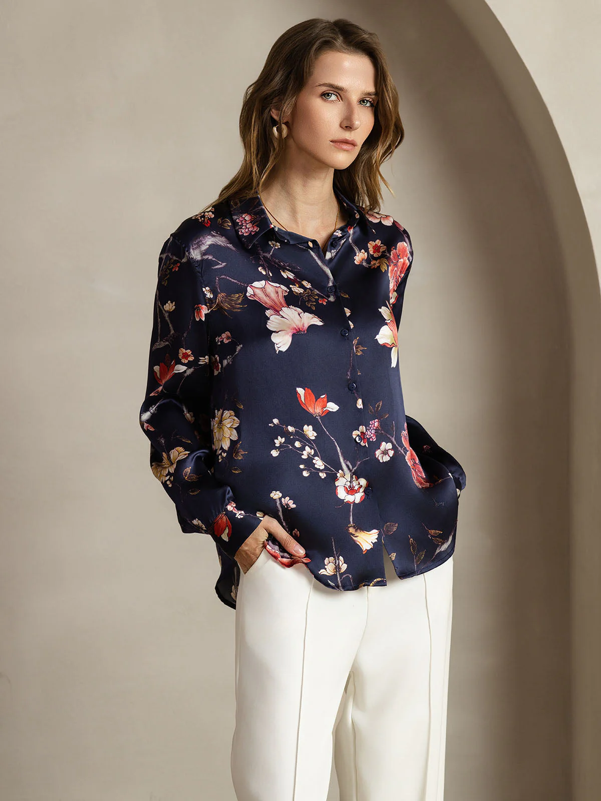 19Momme Silk Long Sleeve Lapel Collar Women's Shirt with Button Up Design - Image 31