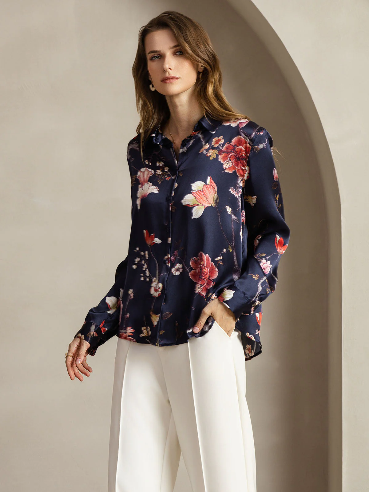 19Momme Silk Long Sleeve Lapel Collar Women's Shirt with Button Up Design - Image 34