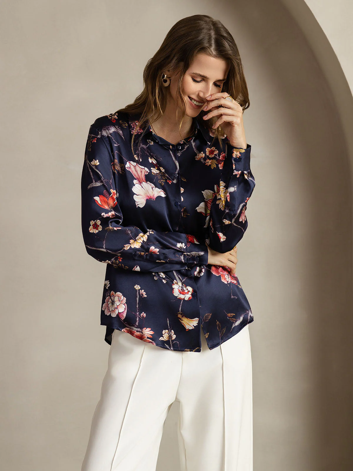 19Momme Silk Long Sleeve Lapel Collar Women's Shirt with Button Up Design - Image 35
