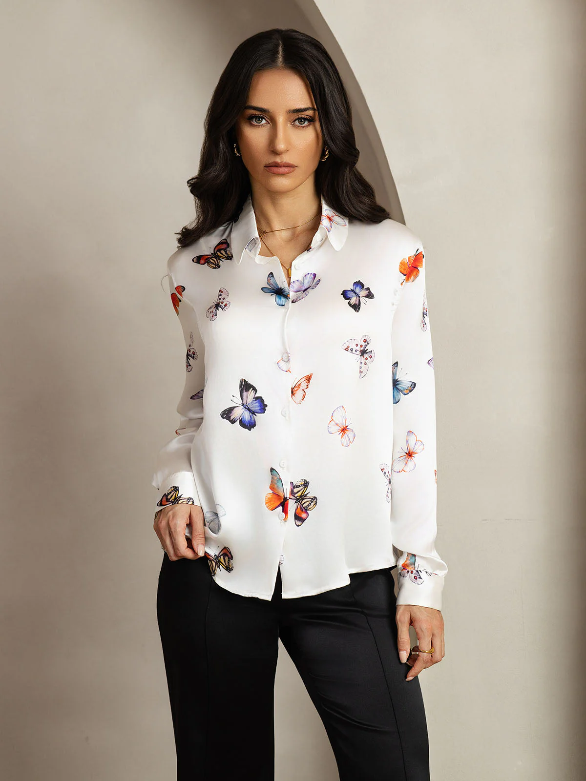 19Momme Silk Long Sleeve Lapel Collar Women's Shirt with Button Up Design - Image 37