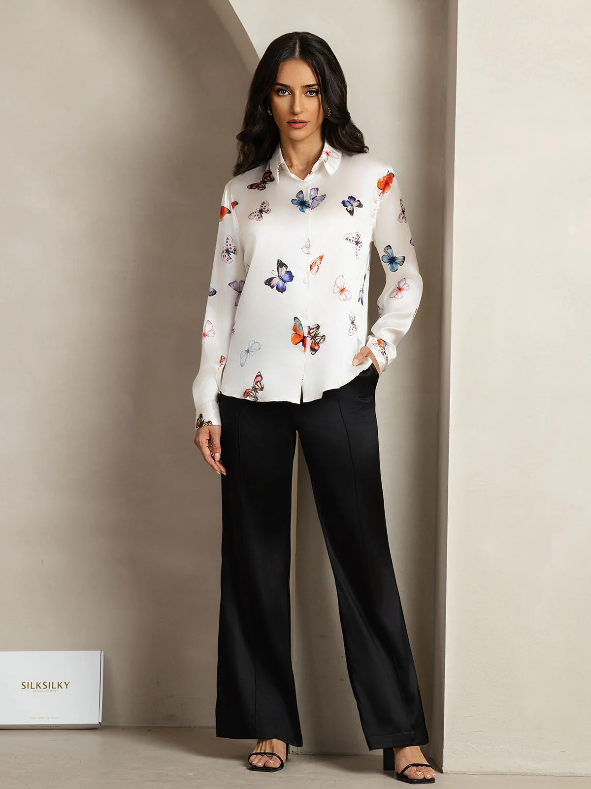 19Momme Silk Long Sleeve Lapel Collar Women's Shirt with Button Up Design - Image 39