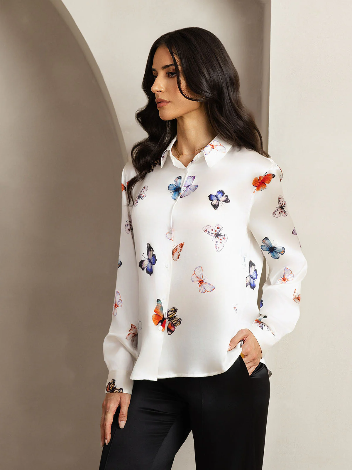 19Momme Silk Long Sleeve Lapel Collar Women's Shirt with Button Up Design - Image 41