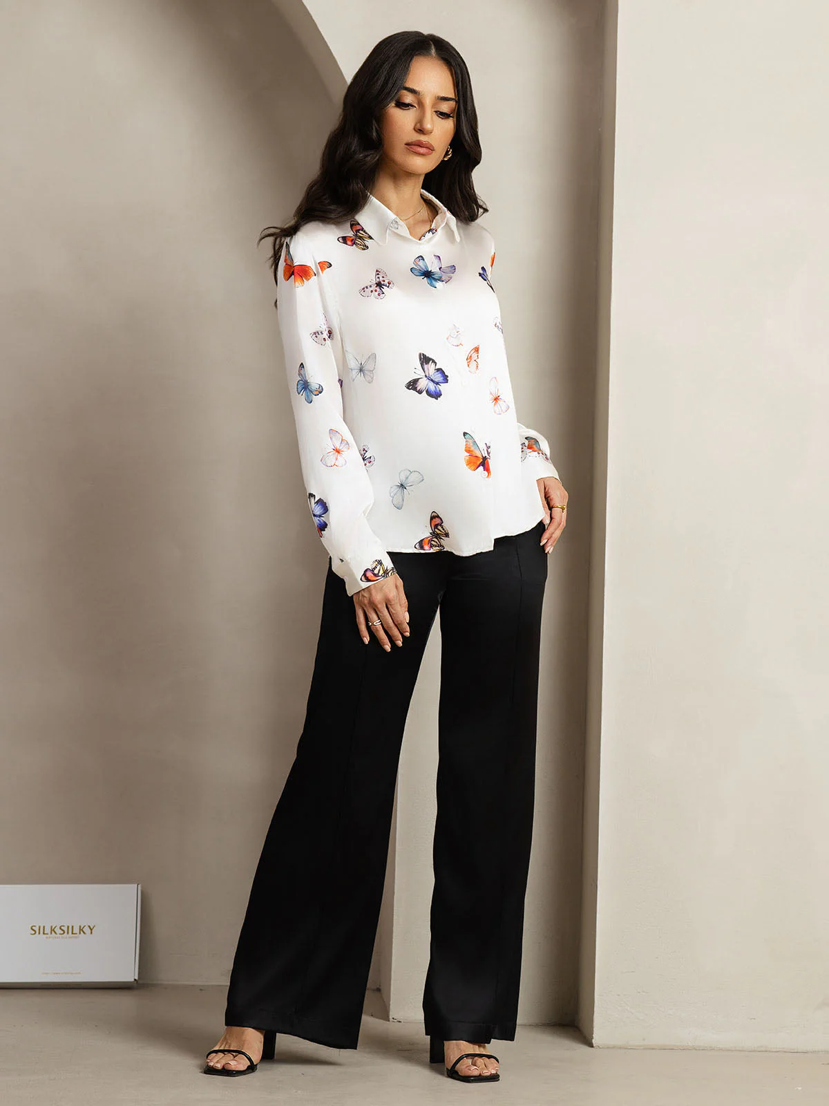 19Momme Silk Long Sleeve Lapel Collar Women's Shirt with Button Up Design - Image 43