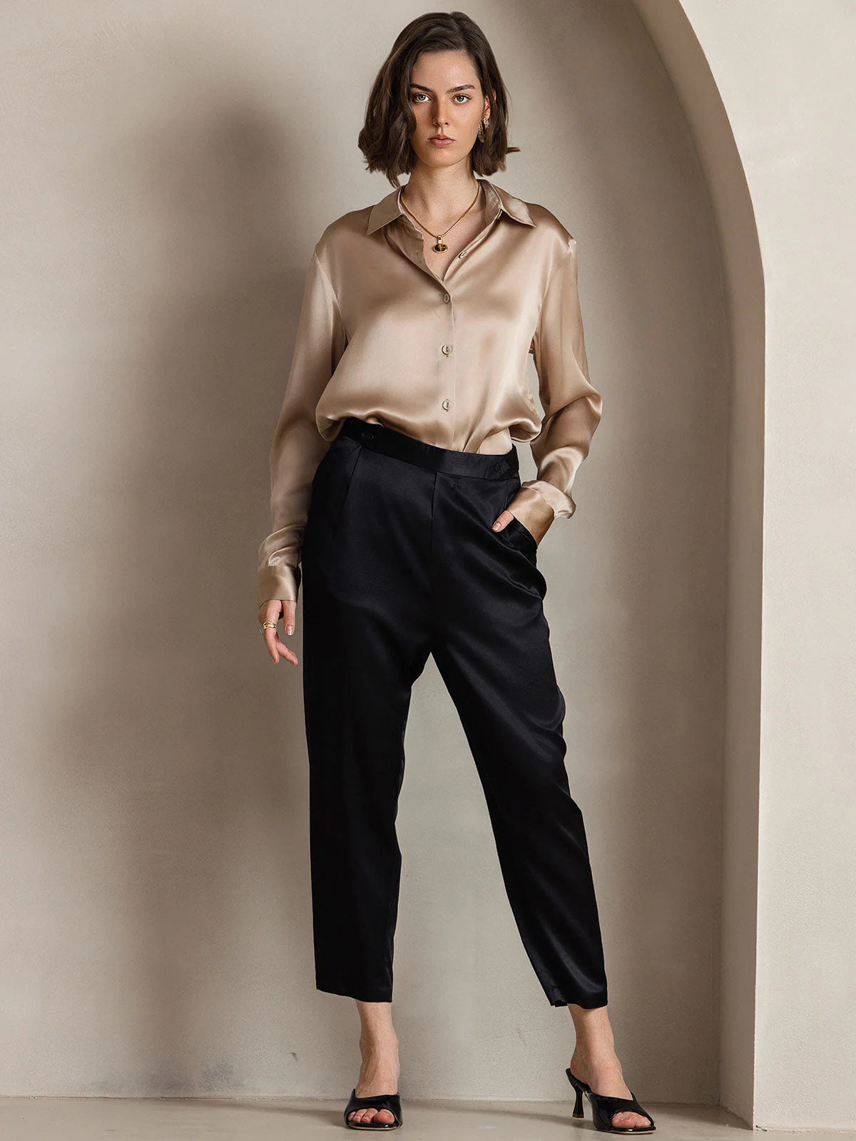 19Momme Silk Long Sleeve Lapel Collar Women's Shirt with Button Up Design - Image 46