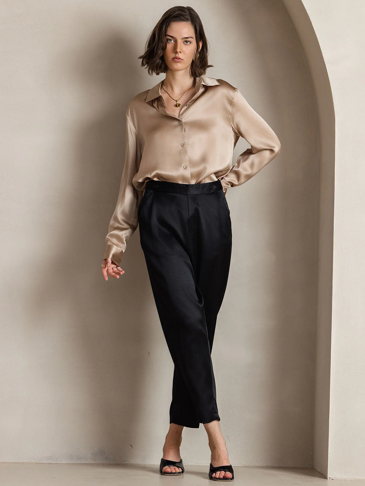 19Momme Silk Long Sleeve Lapel Collar Women's Shirt with Button Up Design - Image 48