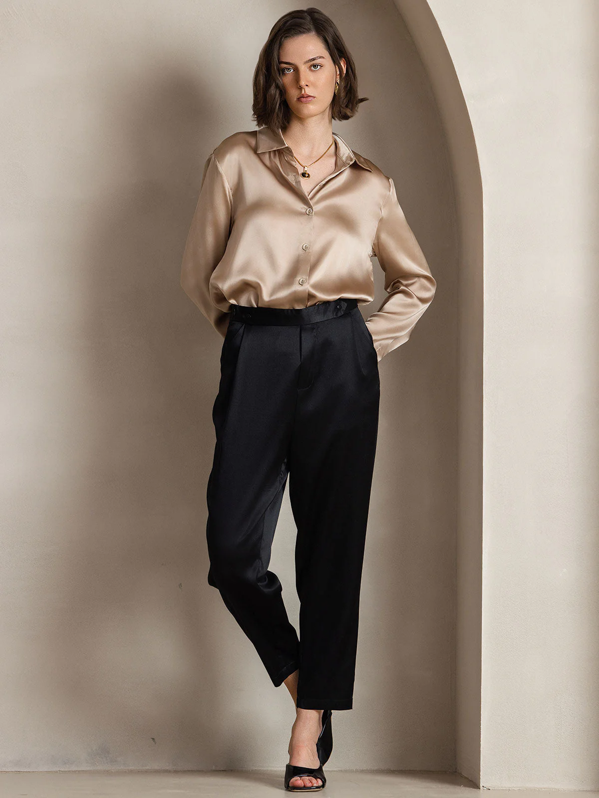 19Momme Silk Long Sleeve Lapel Collar Women's Shirt with Button Up Design - Image 49