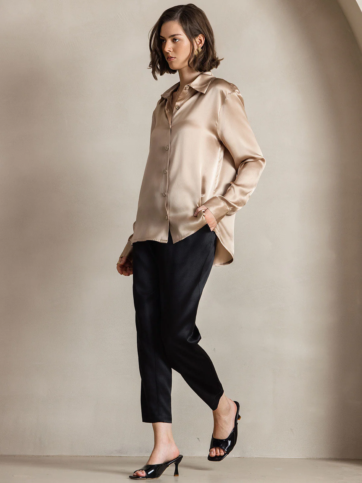 19Momme Silk Long Sleeve Lapel Collar Women's Shirt with Button Up Design - Image 50
