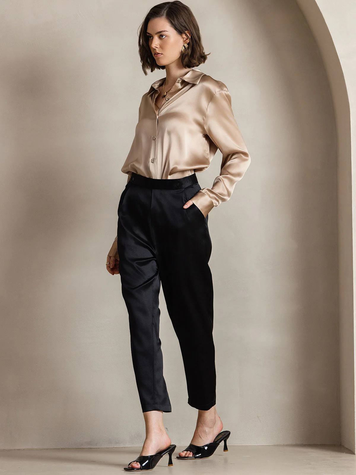 19Momme Silk Long Sleeve Lapel Collar Women's Shirt with Button Up Design - Image 51