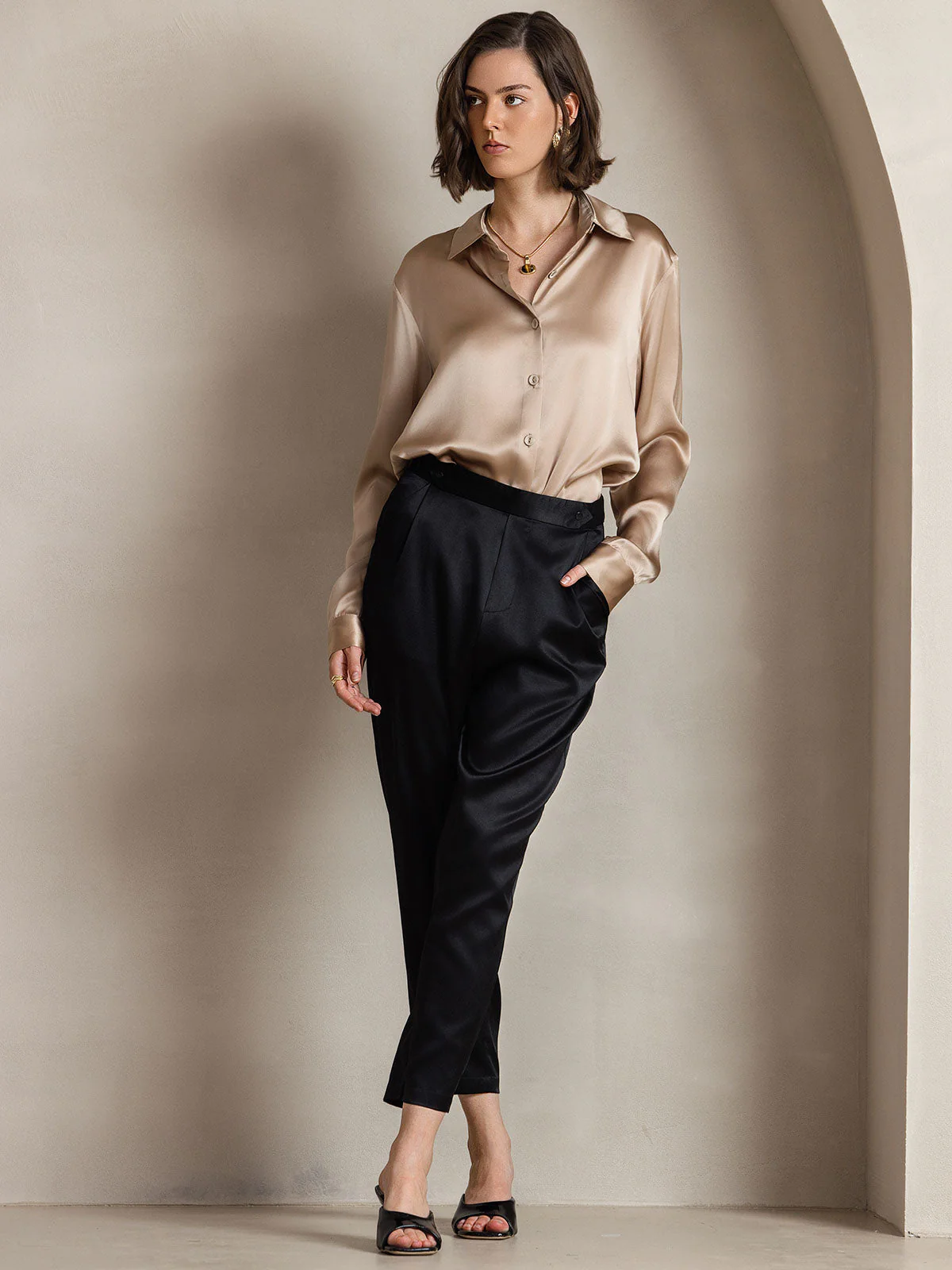 19Momme Silk Long Sleeve Lapel Collar Women's Shirt with Button Up Design - Image 52